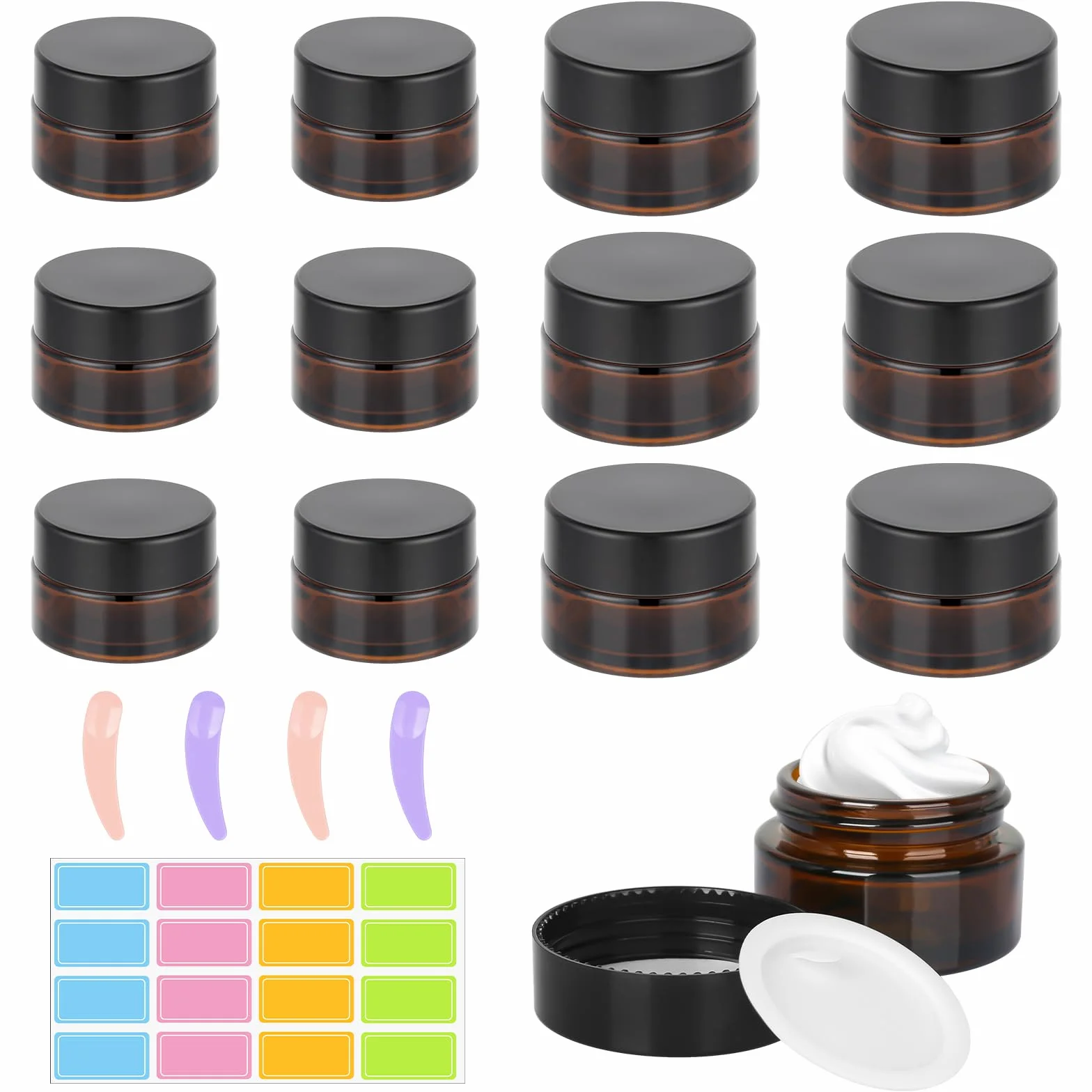 Brązowe szklane pojemniki na krem 20 ml 30 ml z szpachelką i naklejką 12 sztuk