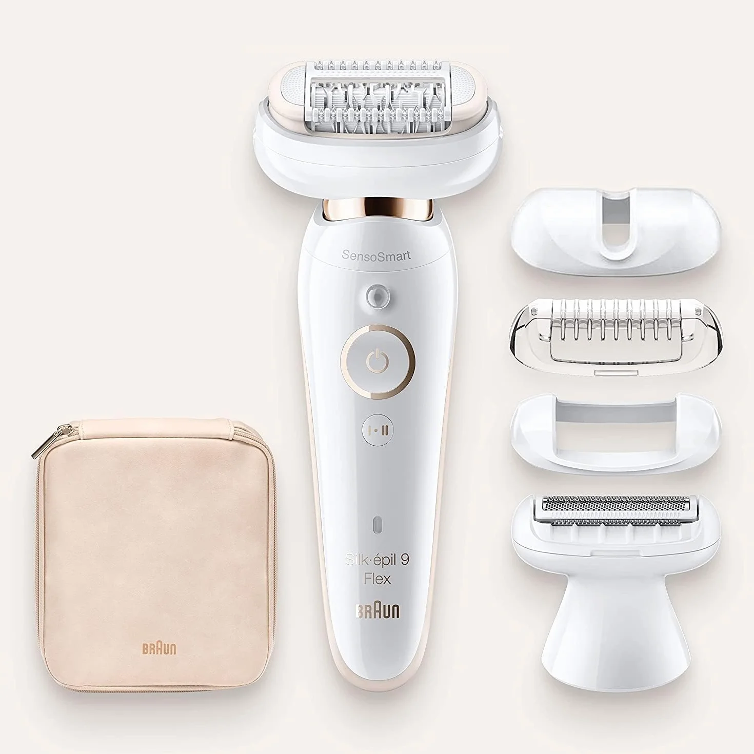 Braun Silk-épil 9 Flex 9-006 depilator dla kobiet/depilator do depilacji, 5 nasadek, torba, z elastyczną głowicą dla łatwiejszego usuwania włosów, 9-006, biały/złoty