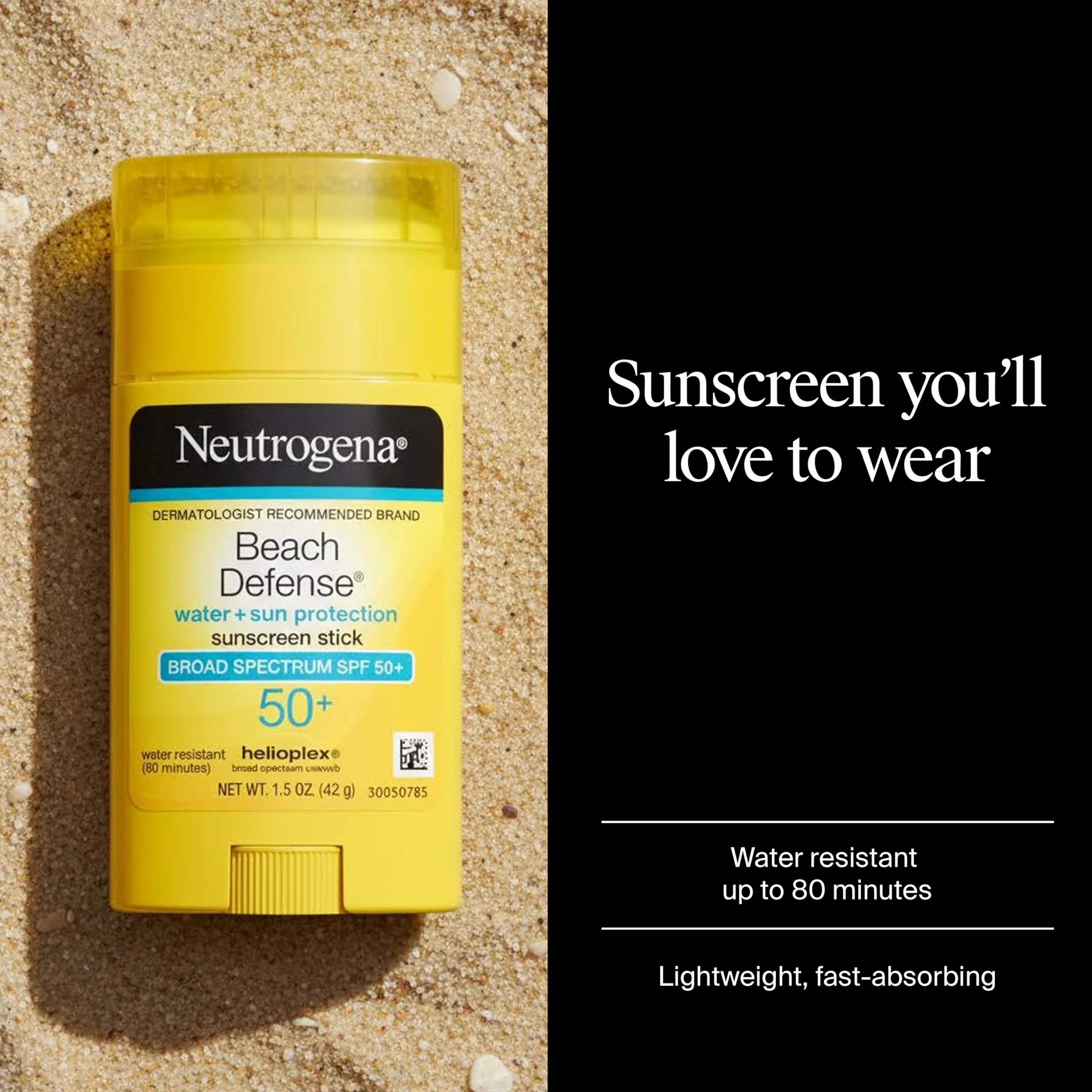 Neutrogena Beach Defense Sunscreen Stick with Broad Spectrum SPF 50+, Lightweight Water-Resistant Sunscreen with Oil-Free & PABA-Free Formula, 1.5 oz