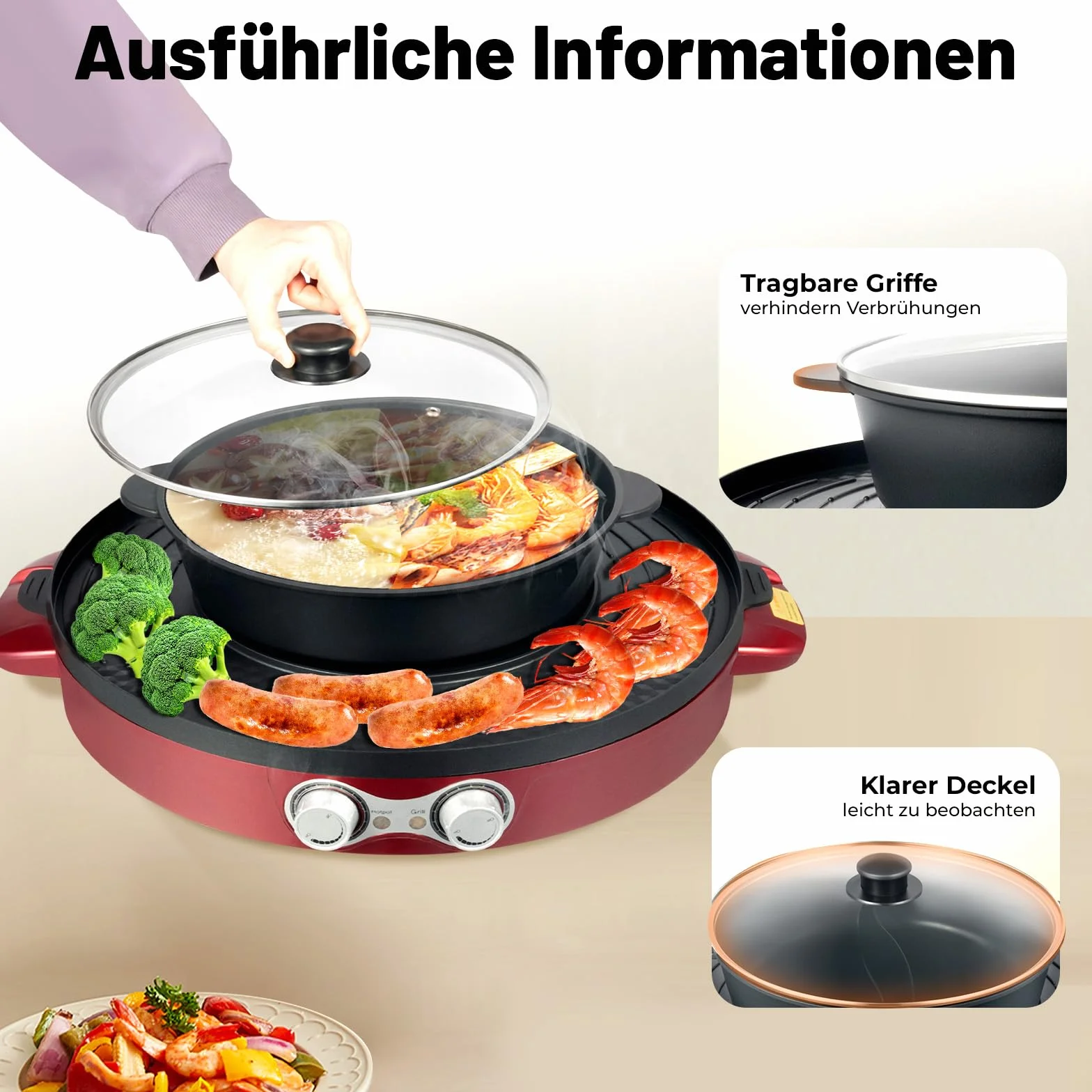 Elektryczny grill i zestaw do fondue 2200 W 44 cm powłoka nieprzywierająca Hot Pot płyta grillowa czerwony