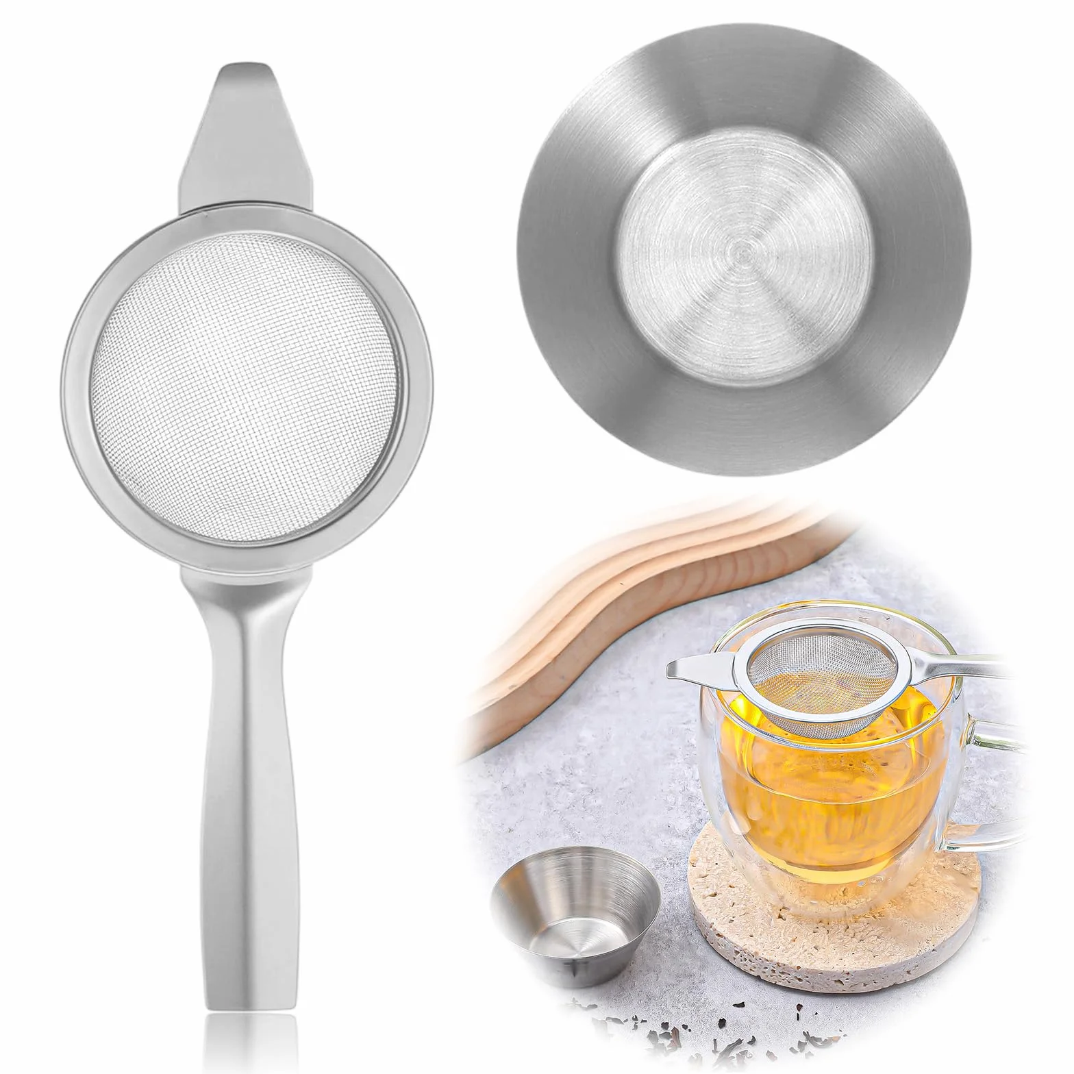 TIESOME Sitko do matchy z filiżanką ze stali nierdzewnej, drobne oczka 6 cm, mini sitko do gospodarstwa domowego, sitko kuchenne ze wzmocnionym uchwytem do przesiewania, odcedzania, odcedzania