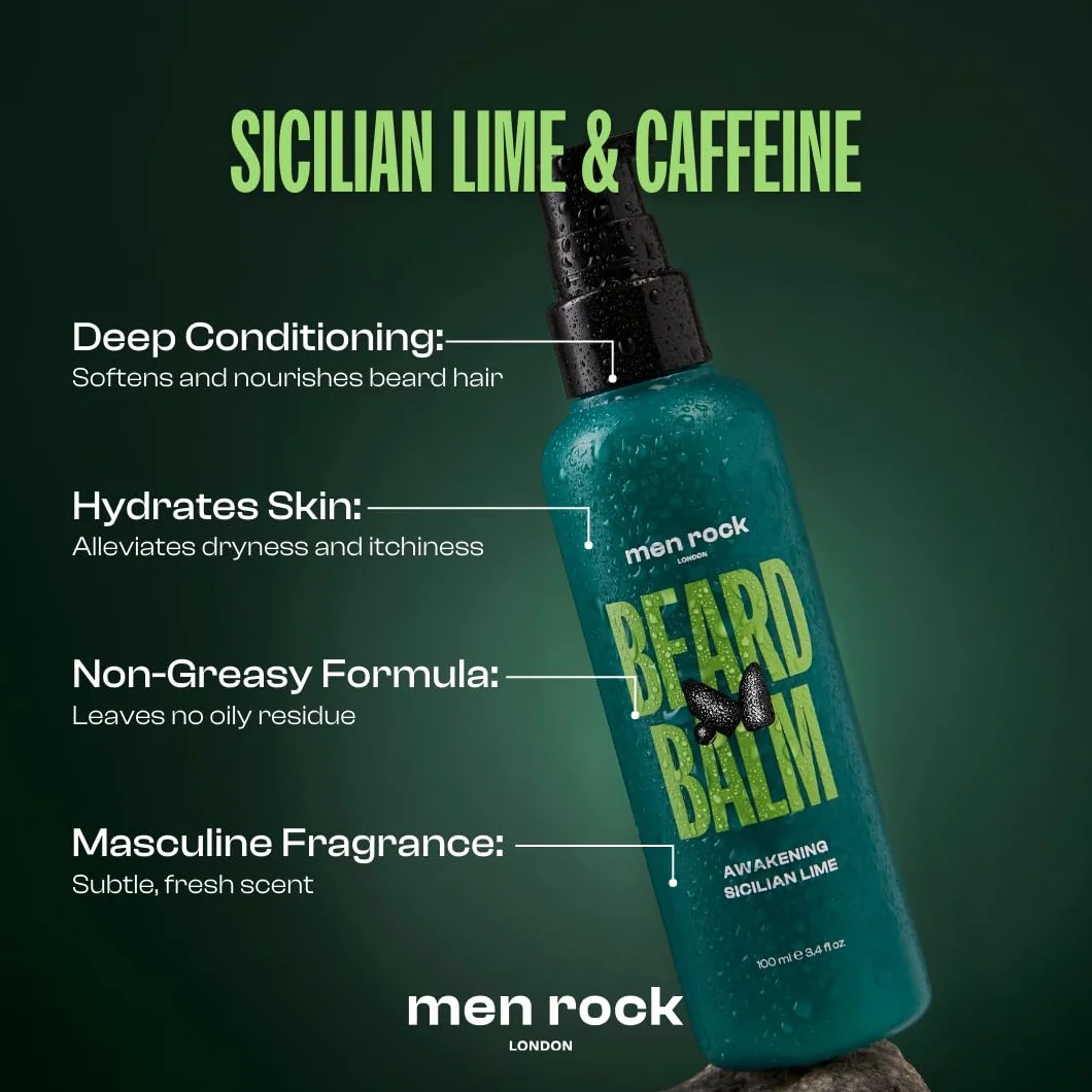 Men Rock Awakening Beard Balm, Perfect as a Leave in Conditioner and Softner, Deeply Conditions Beard Hairs Whilst Hydrating the Skin Underneath, Zesty Sicilian Lime and Caffeine Fragrance 100ml