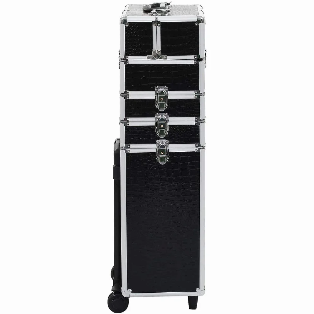 Walizka na kosmetyki aluminiowa, czarna, z tłoczeniem krokodyla, 4 półki, wysuwane półki, 4 zdejmowane kółka, 37 x 22 x 78 cm, organizer na podróż, do hotelu, na kemping i do łazienki