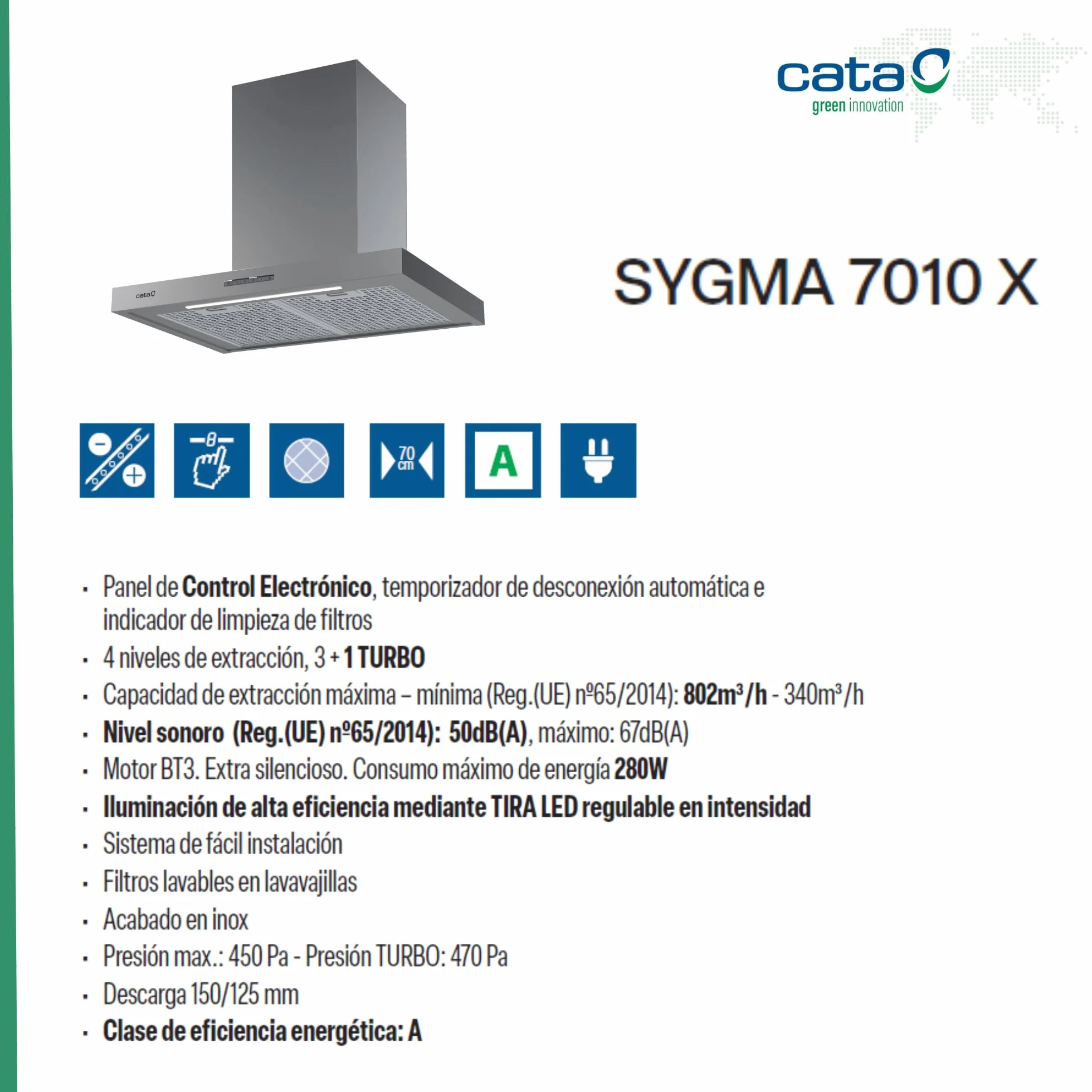 Cata Sygma okap ścienny 70 cm stal nierdzewna 7010 X 4 poziomy demontażu 3+1 TURBO