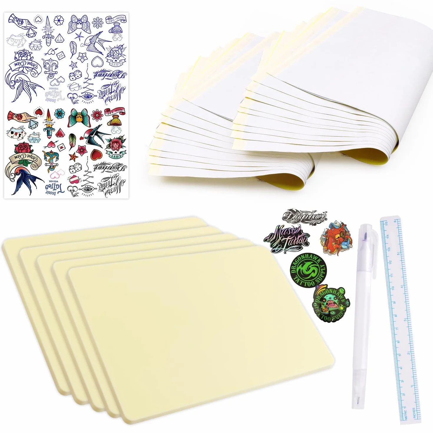 Dragonhawk Tattoo Practice Skin Kit - 5 Sheets 3mm Thick Fake Skin with 20 Transfer Papers for Beginners & Professionals