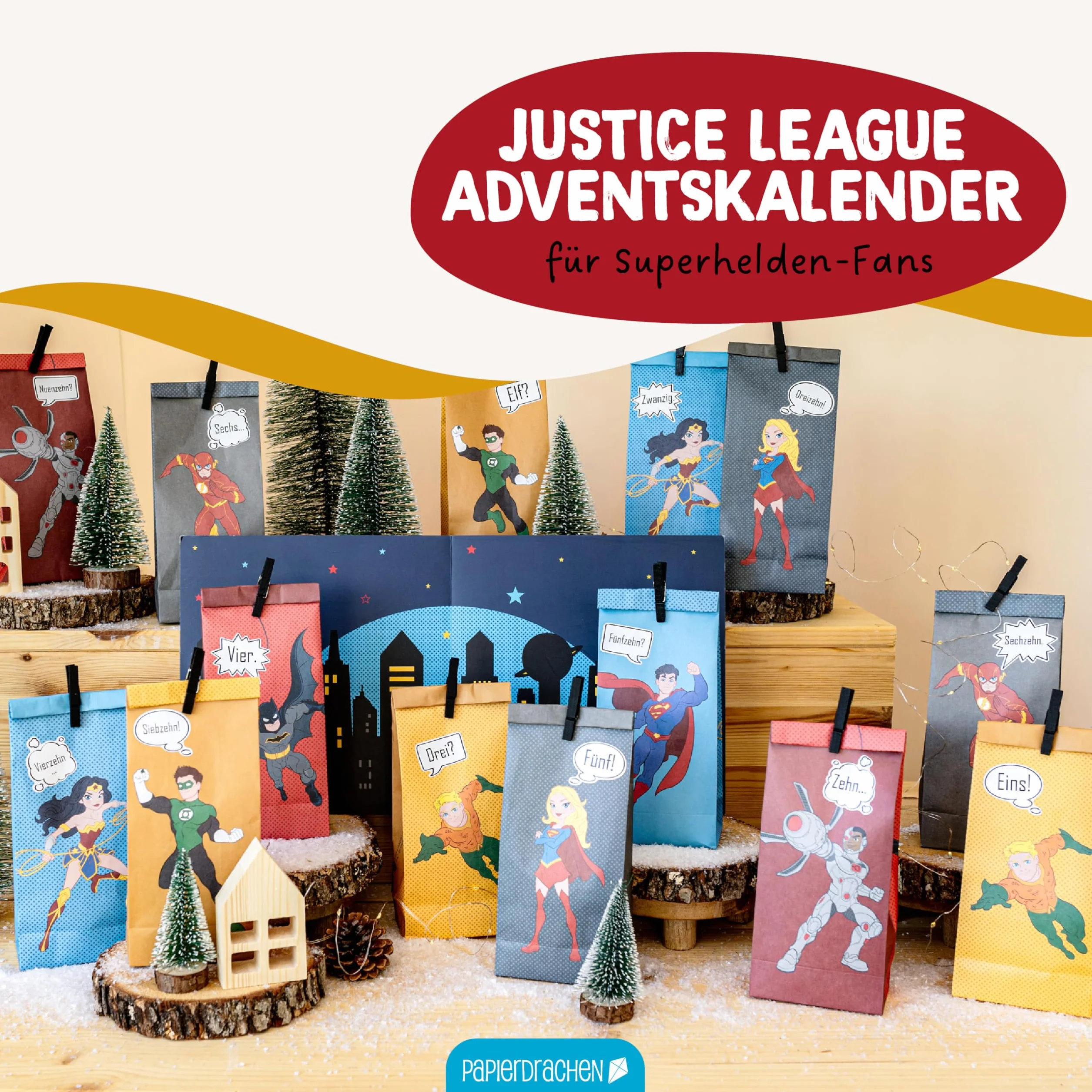 Papierdrachen Kalendarz adwentowy 2025 DC Justice League 8 wzorów zestaw zrób to sam 24 papierowe torebki naklejki drewniane klamerki