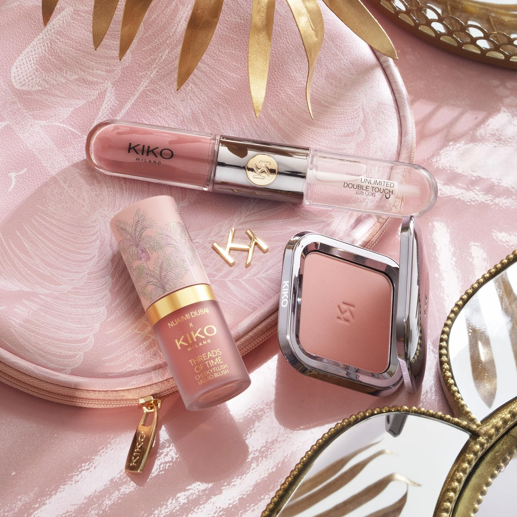 KIKO Milano Threads Of Time Lip To Cheek Make Up Kit, Zestaw upominkowy do makijażu: Pomadka i błyszczyk 2 w 1, róż w płynie i róż w pudrze