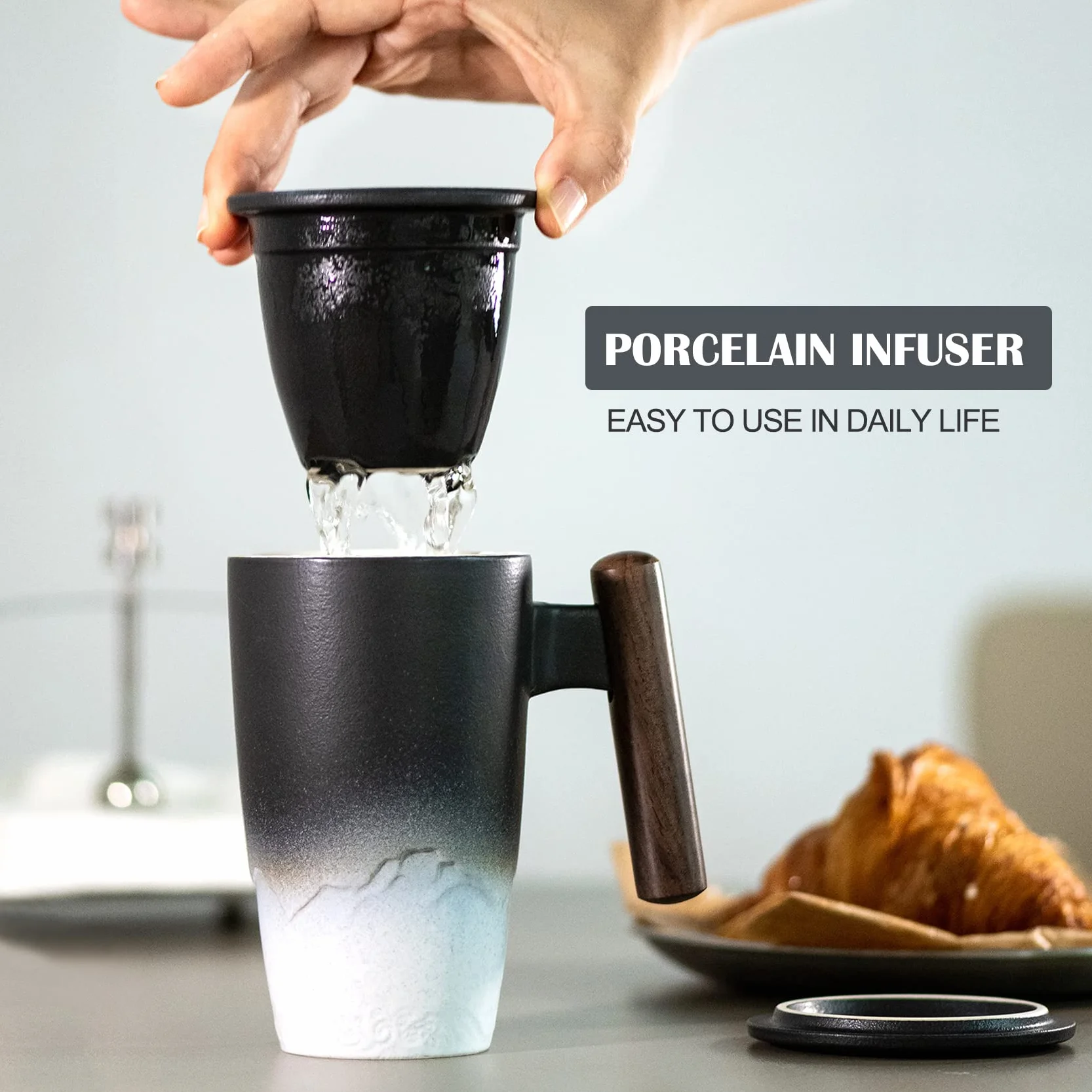 Tomotime ceramiczny kubek do herbaty z zaparzaczem i pokrywką 400 ml czarny