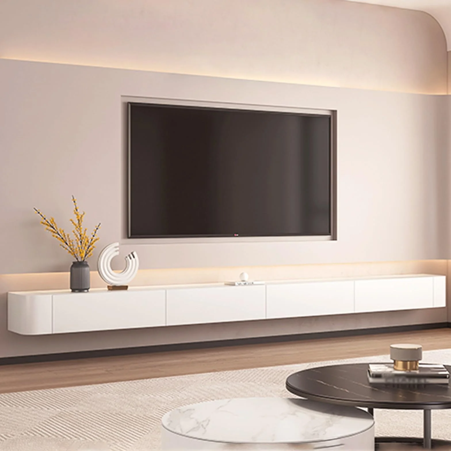 Floating TV Unit Wall Mounted TV Cabinet with 4 Cabinets Wooden Entertainment Media Console Large Storage TV Bench White 200cm