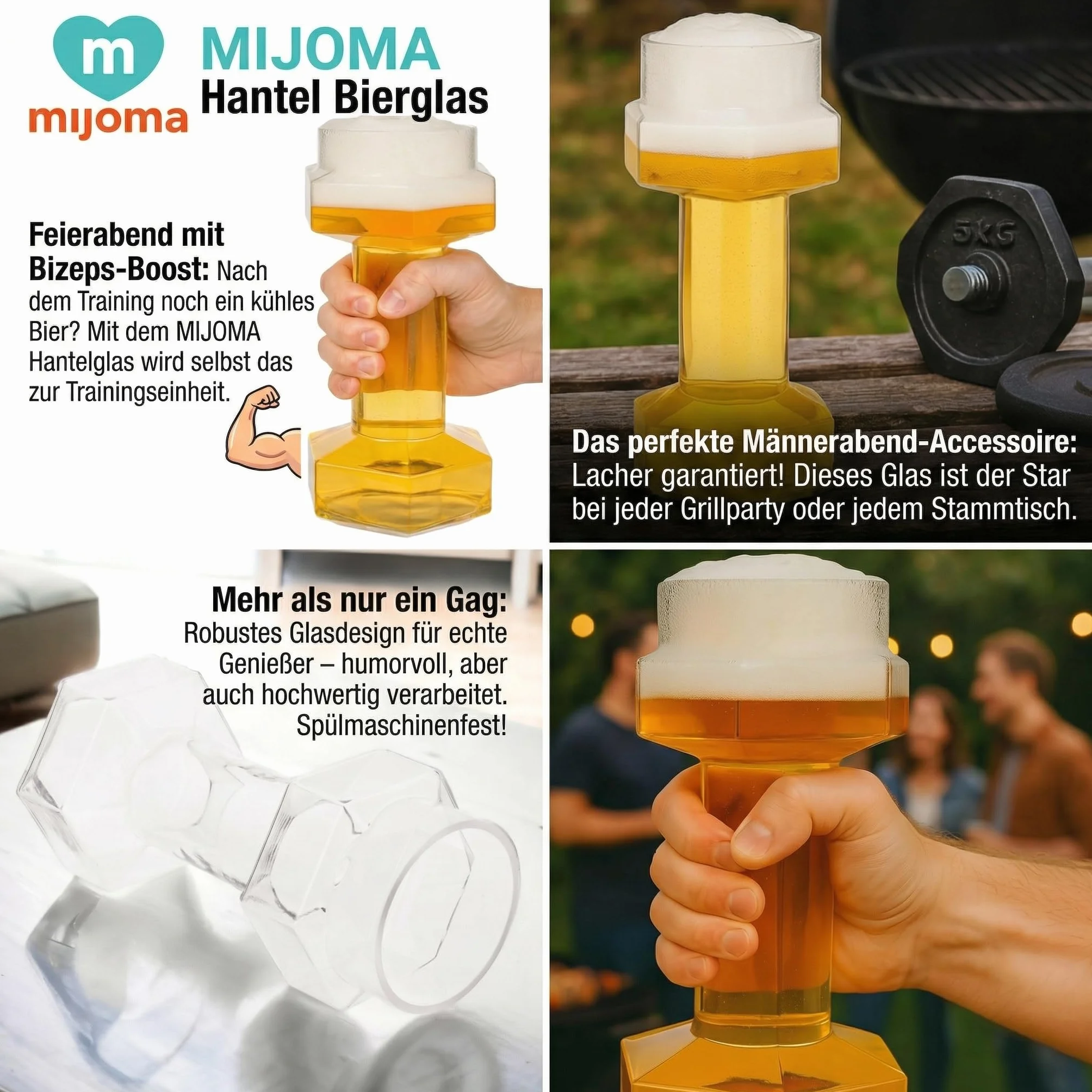 MIJOMA Szklanka do Piwa z Hantlami, 22 cm - 700 ml - Swobodny Trening dla Miłośników Piwa, Fitnessu i Na Festiwal - Nadaje Się do Mycia w Zmywarce i Na Co Dzień