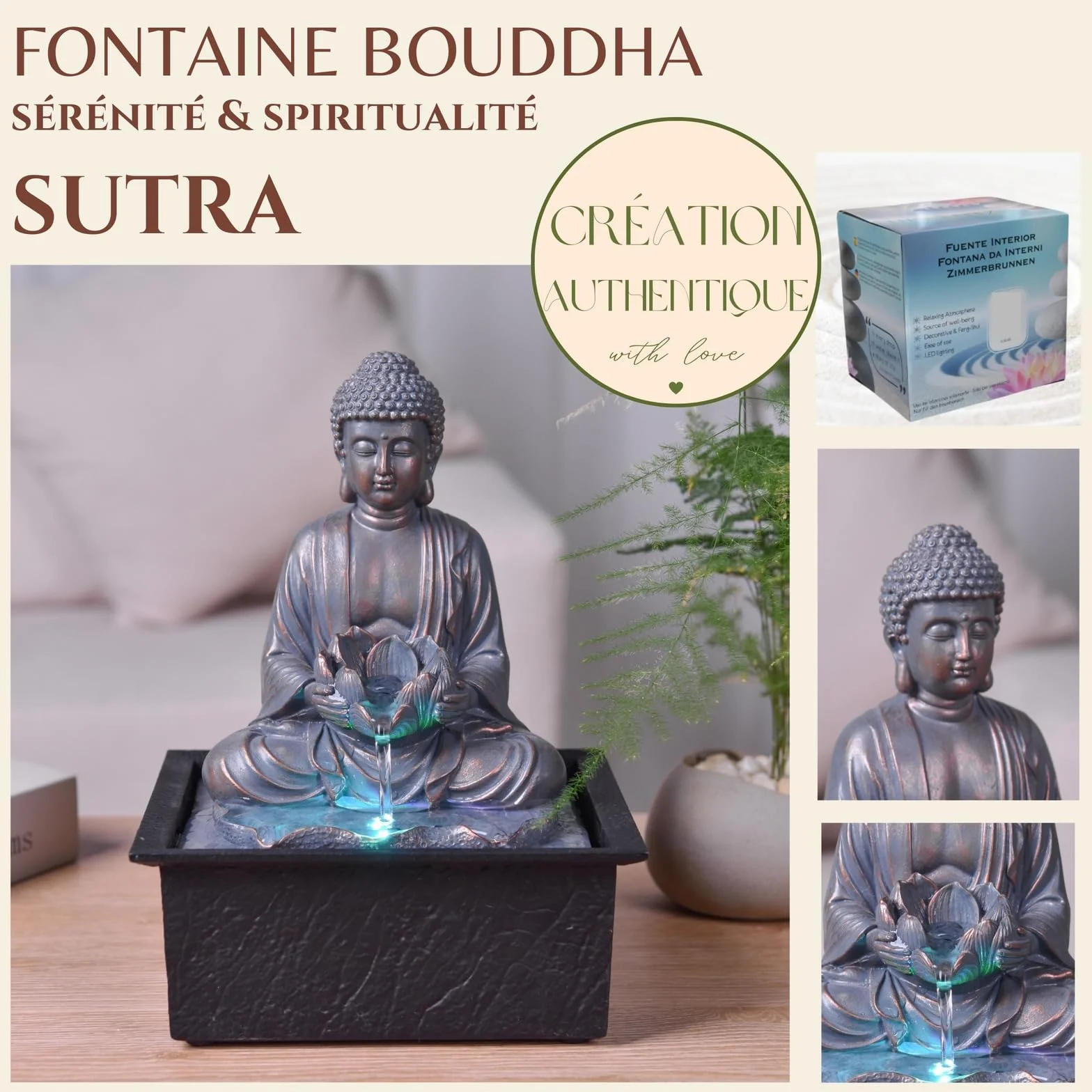 Fontanna wewnętrzna Budda Medytacja Lotos Kolorowe światło LED - Zen Deco Salon Sypialnia - Fontanna stołowa Relaksujący ruch - Przydatny prezent dla kobiet i mężczyzn - H 26cm - Sutra Zen'Light