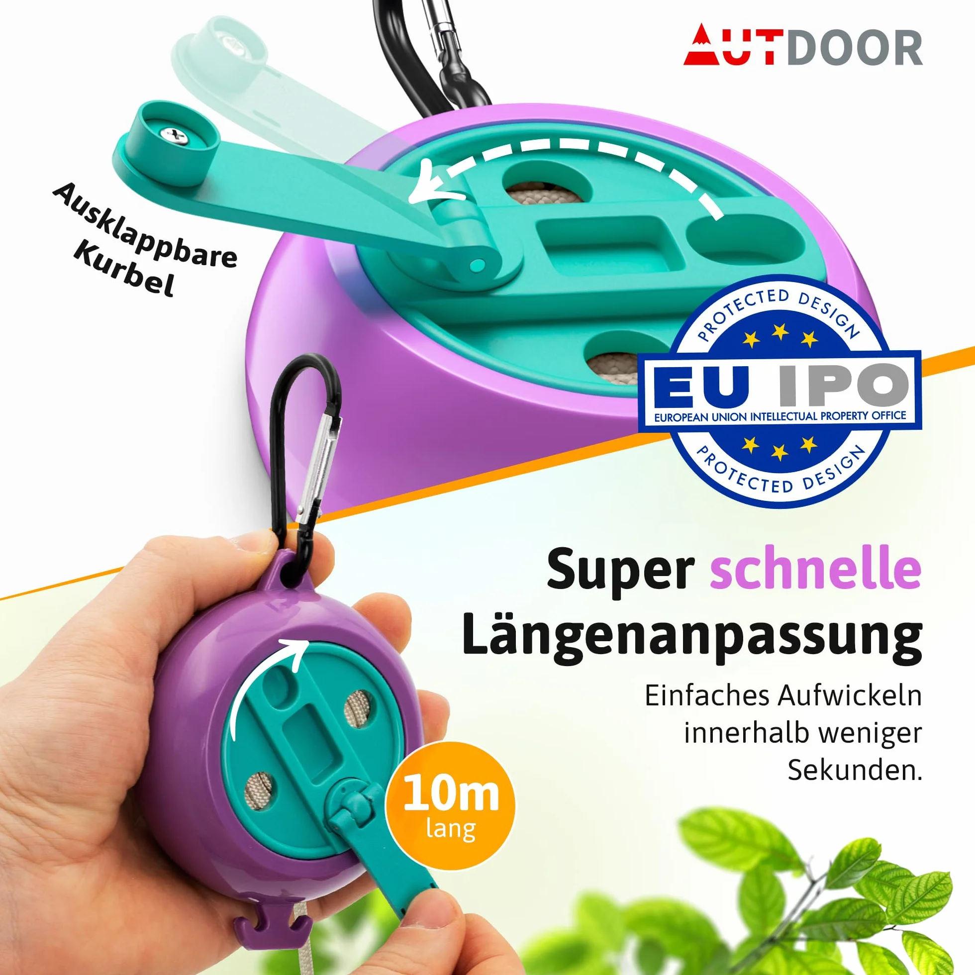 AUTDOOR® Rozsuwana linka do suszenia prania – z rozkładaną korbą ręczną do łatwego zwijania – wytrzymała linka podróżna 10 m na kemping, do kampera i na balkon (pastelowy retro)