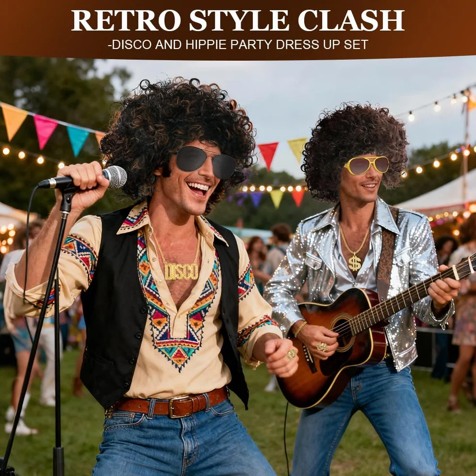 AUYAO Kostium hipisowski w stylu lat 60. i 70. XX wieku, fantazyjny kostium, akcesoria męskie, Funky Afro, peruka hipisowska, lata 80., dyskoteka, gorączka, hipisowska peruka, zestaw włosów z czarną