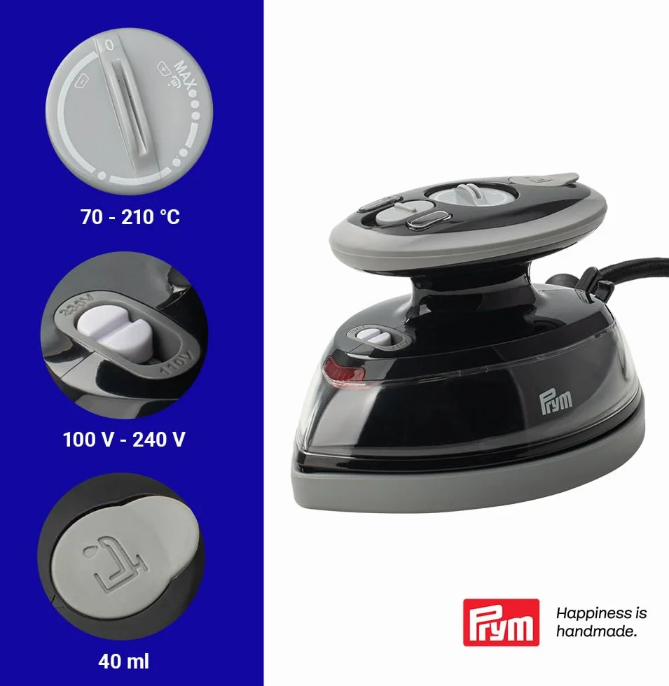 Prym Mini żelazko parowe 400 W regulowana temperatura 110-240 V czarne z silikonową półką i etui