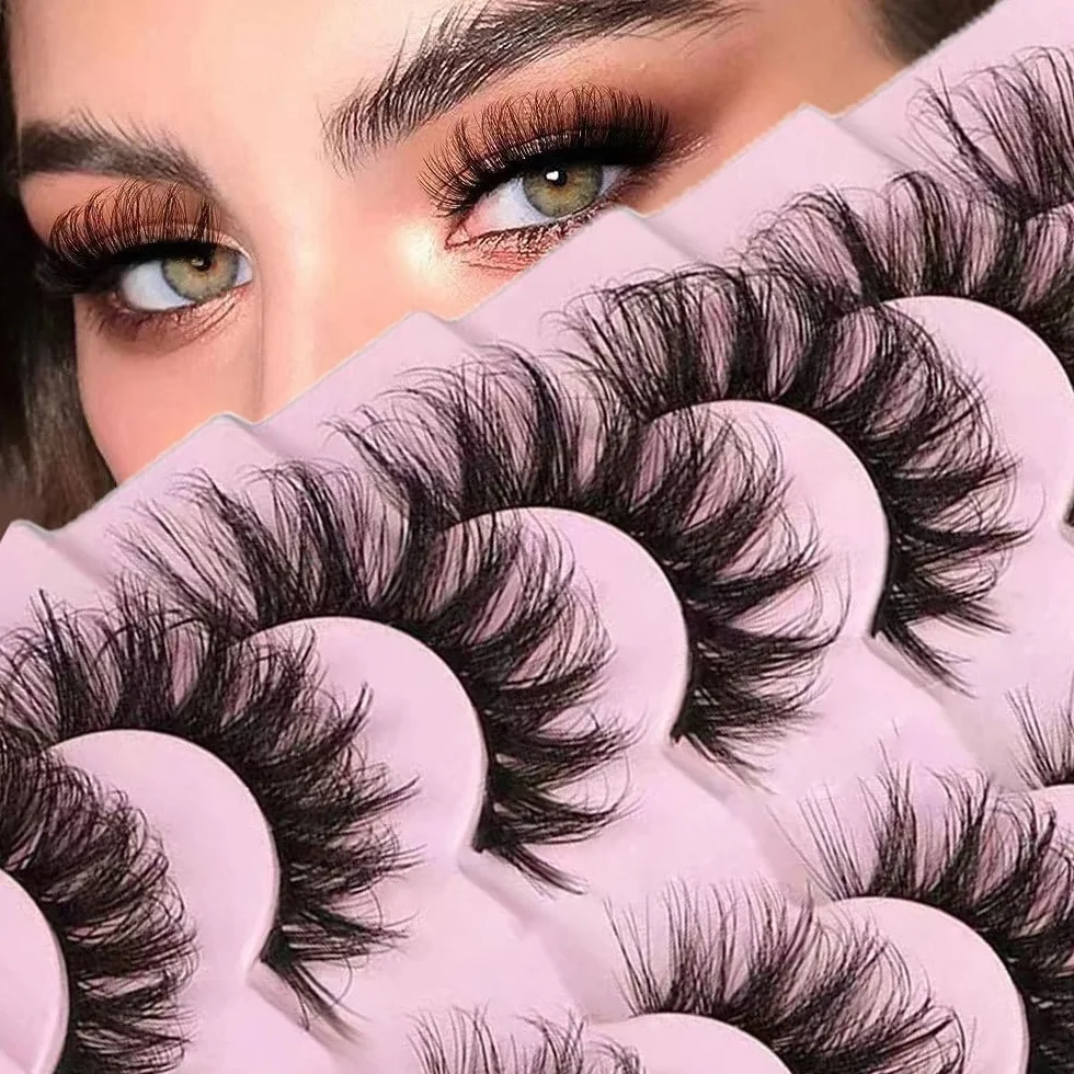 Russian Strip Lashes Natural Look Eye Lashes Sztuczne rzęsy Wispy D Curly Fluffy 3D, efekt kota, miękkie, sztuczne rzęsy, opakowanie 7 par (D48)