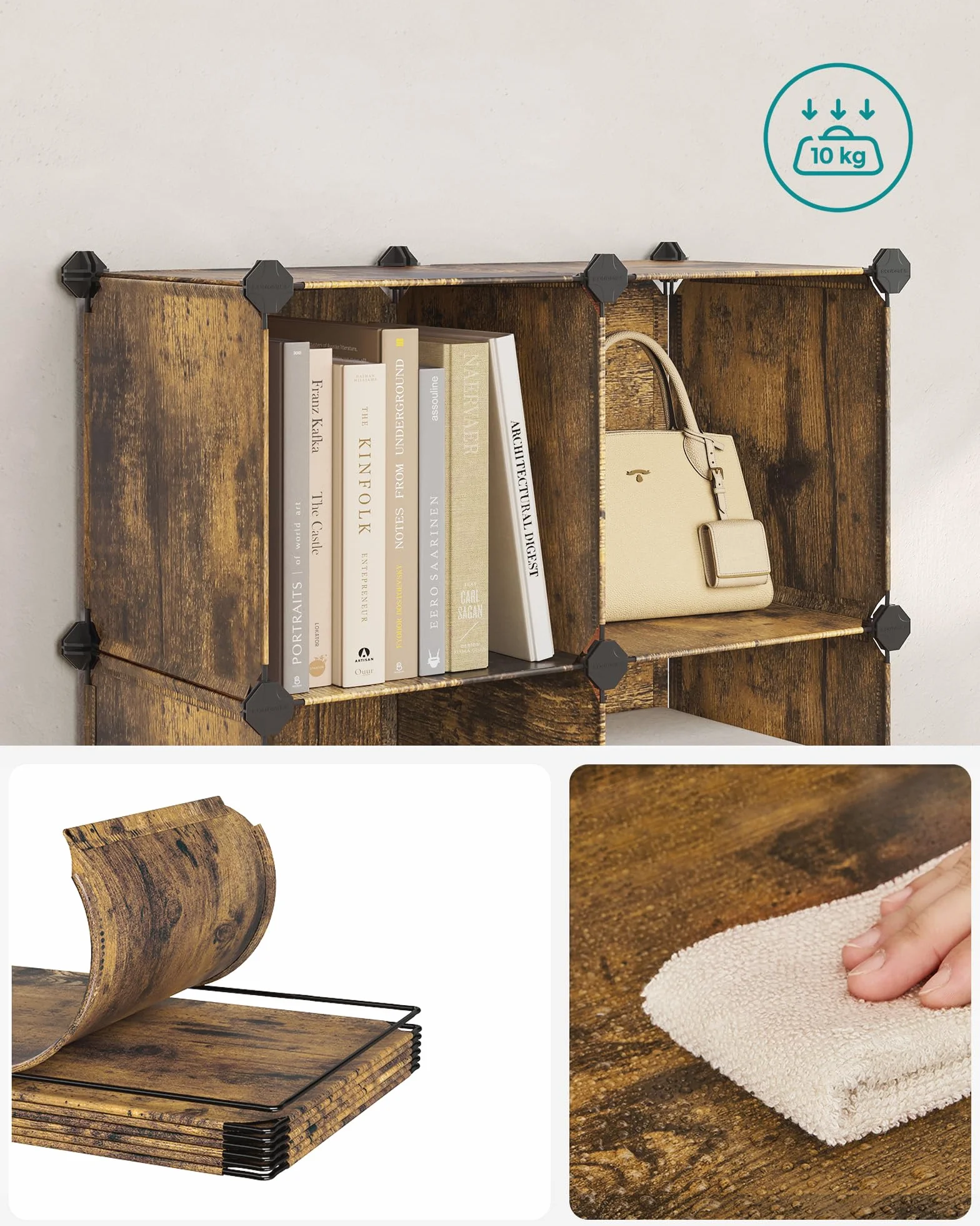 SONGMICS 6-komorowy modułowy regał modułowy plastikowy organizer z nogami na buty sześcian 30 x 30 x 30 cm salon sypialnia gabinet gumowy młotek rustykalny brązowy LPC111A01