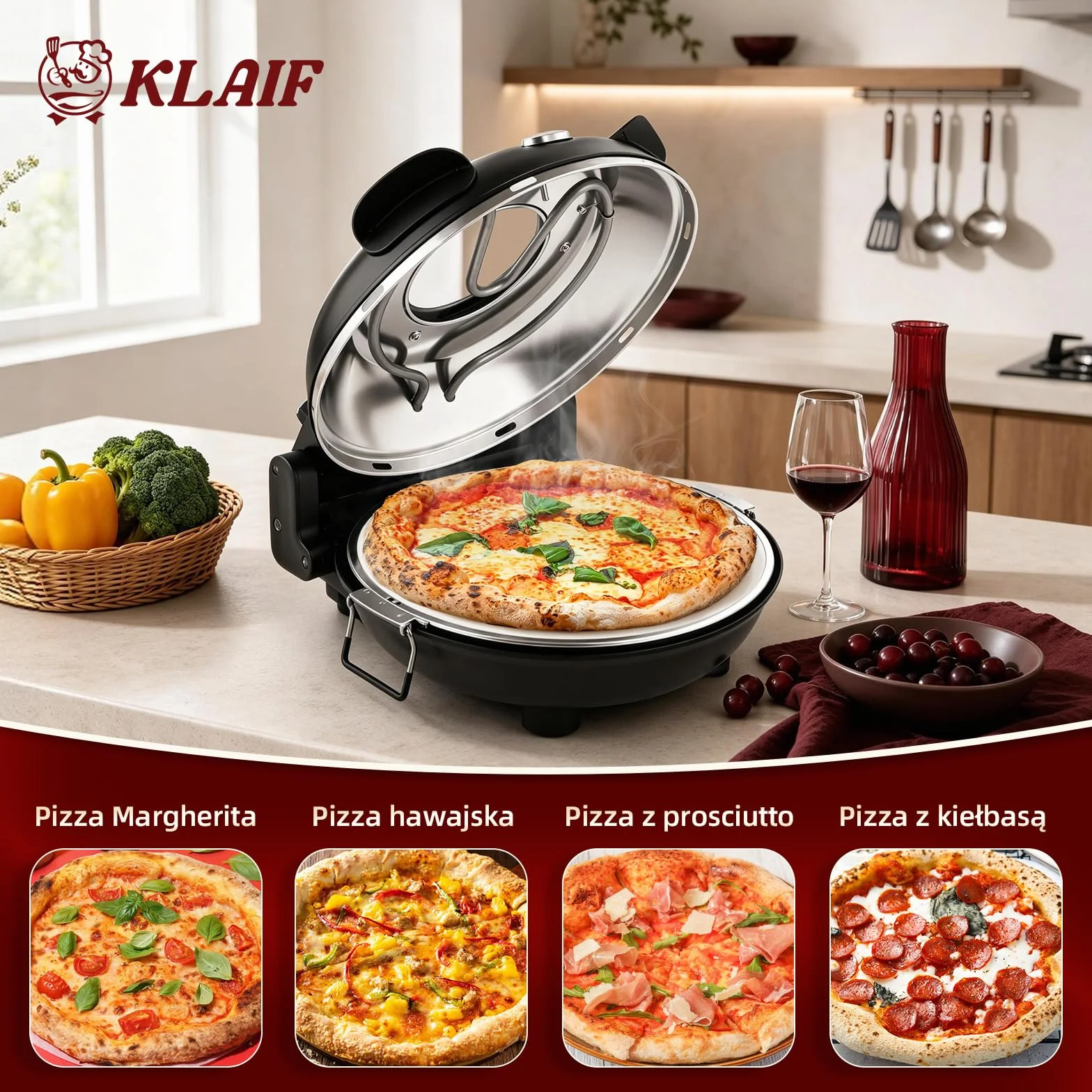 KLAIF Piec elektryczny do pizzy do blatu roboczego z kamieniem ceramicznym 31 cm, dwiema regulowanymi regulatorami temperatury, w zestawie 4 narzędzia do pizzy, LMC-czarny