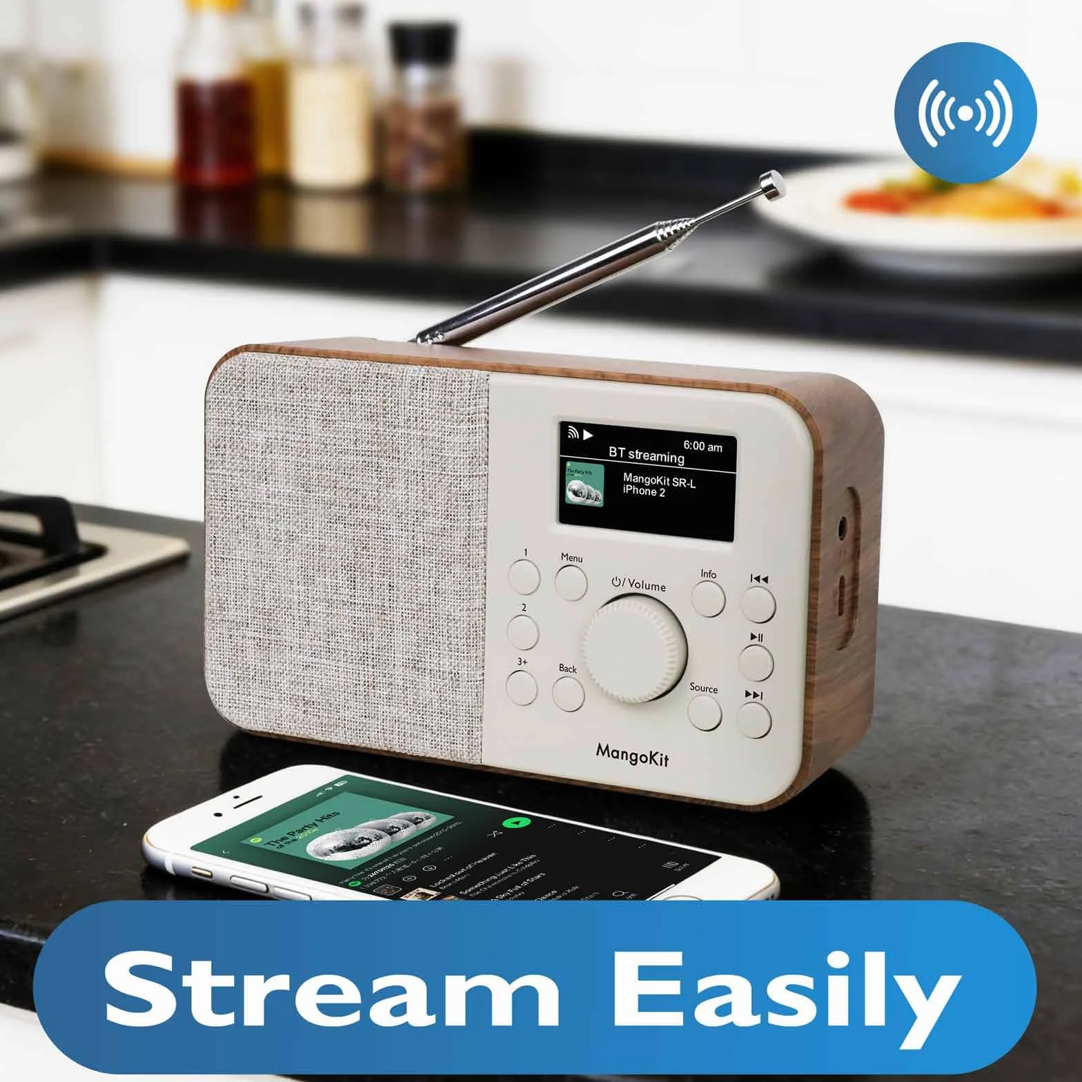 SR-L Przenośne radio DAB z Bluetooth 5.3-DAB+, radio FM i internetowe z Wi-Fi, podcastami, 150 ustawieniami, radio z budzikiem, radio kuchenne z kolorowym wyświetlaczem, zasilanie sieciowe