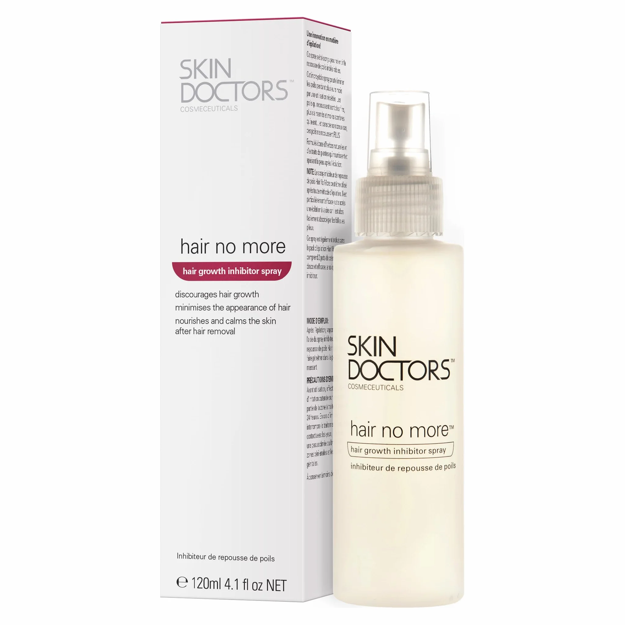 Skin Doctors Hair Inhibitor, spray inhibitor włosów, po goleniu, woskowaniu, depilacji, spowalnia wzrost włosów i pielęgnuje skórę. Do stosowania na nogach, linii bikini, pod pachami i twarz - 120 ml