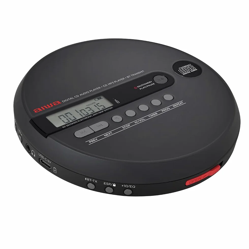 AIWA PCD-1000BT Przenośny odtwarzacz CD do odtwarzania płyt CD/CD-R/RW/MP3, antywstrząsowy, nadajnik Bluetooth i akumulator, kolor czarny