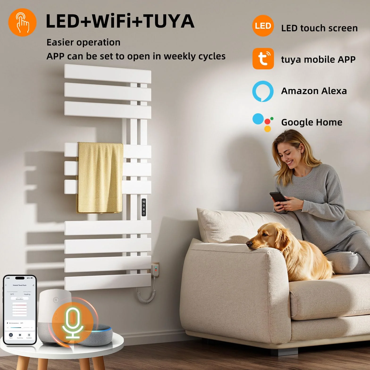 Elektryczny wieszak na ręczniki WiFi Smart Thermostat czarny 500x1100mm do Alexa i Google Home