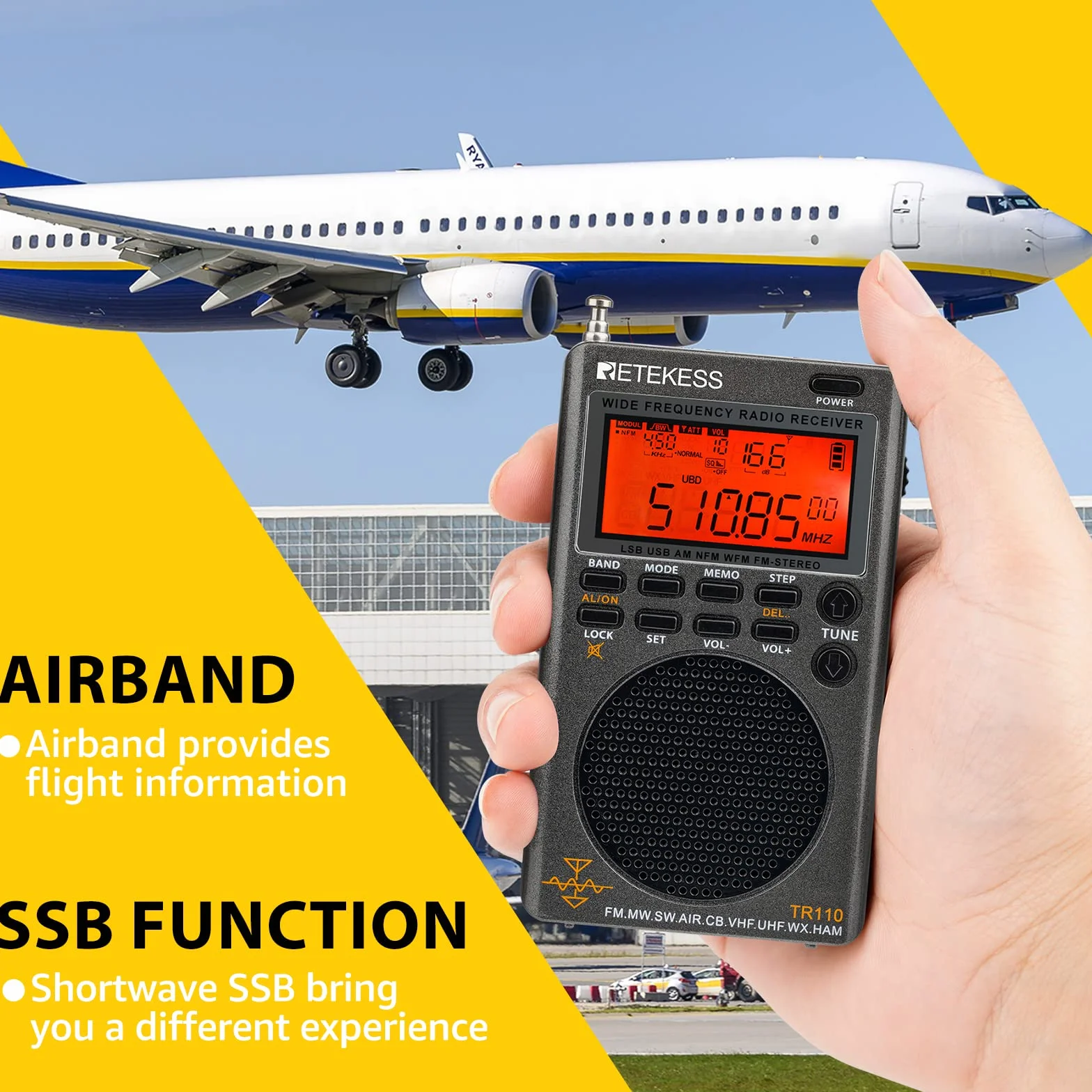 Retekess TR110 Przenośne Mini Radio, FM MW SW SSB Air Band World Odbiera Radio, FM Stereo, Wyłącznik Czasowy, Antena Zewnętrzna, do Użytku na Zewnątrz