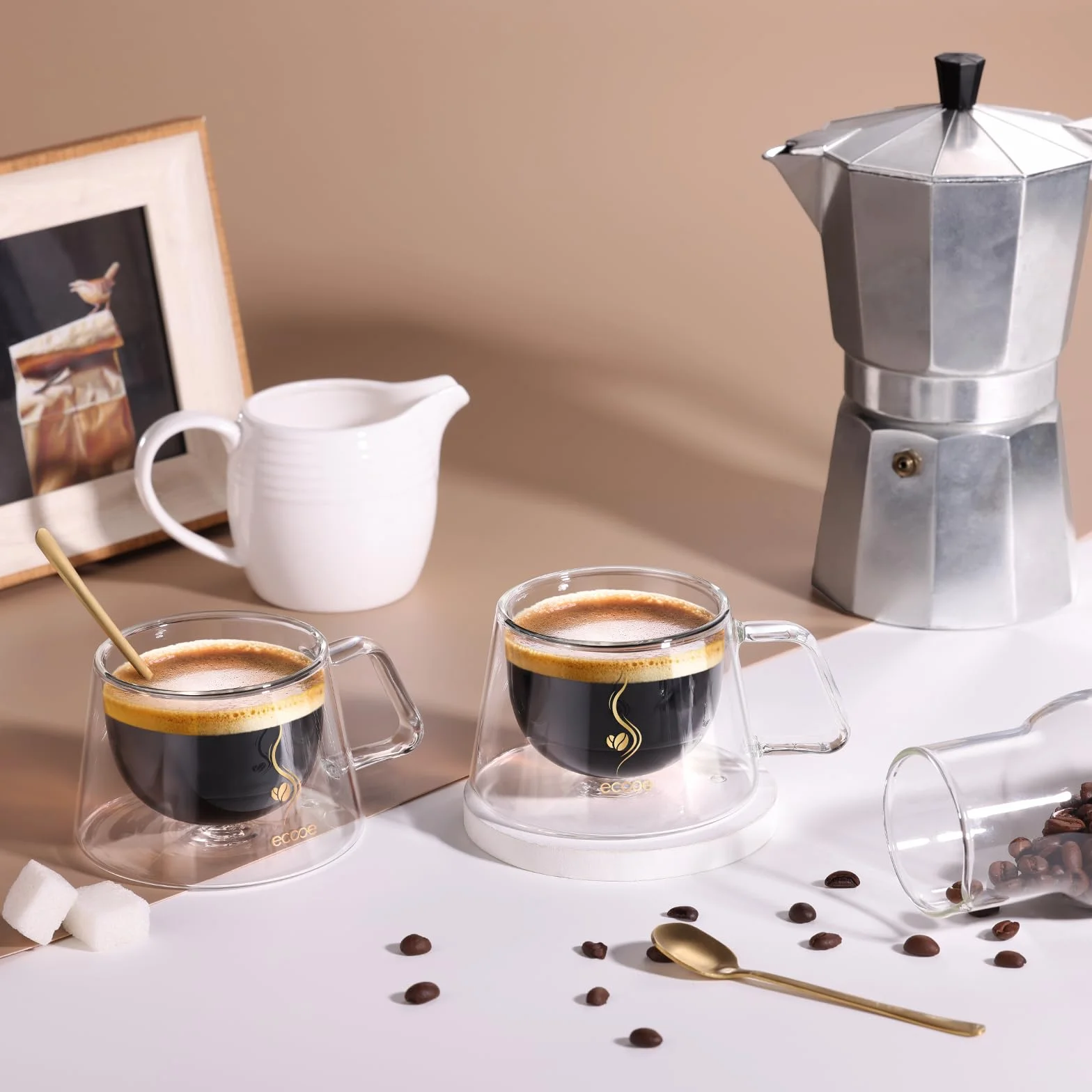 Ecooe Filiżanka do Espresso 120 ml Podwójne Ścianki Szkło Borokrzemowe Zestaw 2 Sztuki