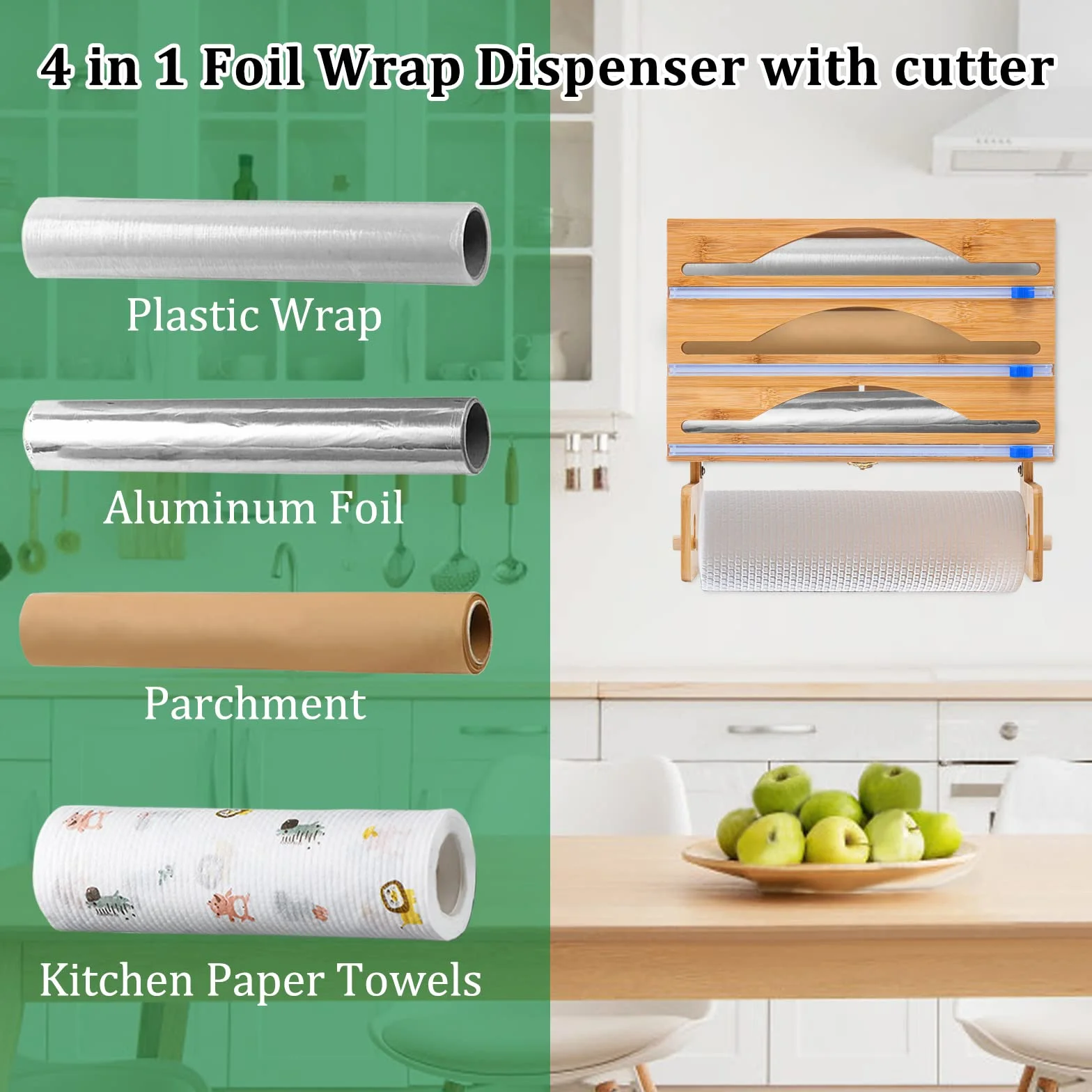 Dozownik folii spożywczej i obcinacz, dozownik folii 4 w 1, organizer z uchwytem na papier, montowany na ścianie folia bambusowa i dozownik folii spożywczej, na rolkę 30 cm