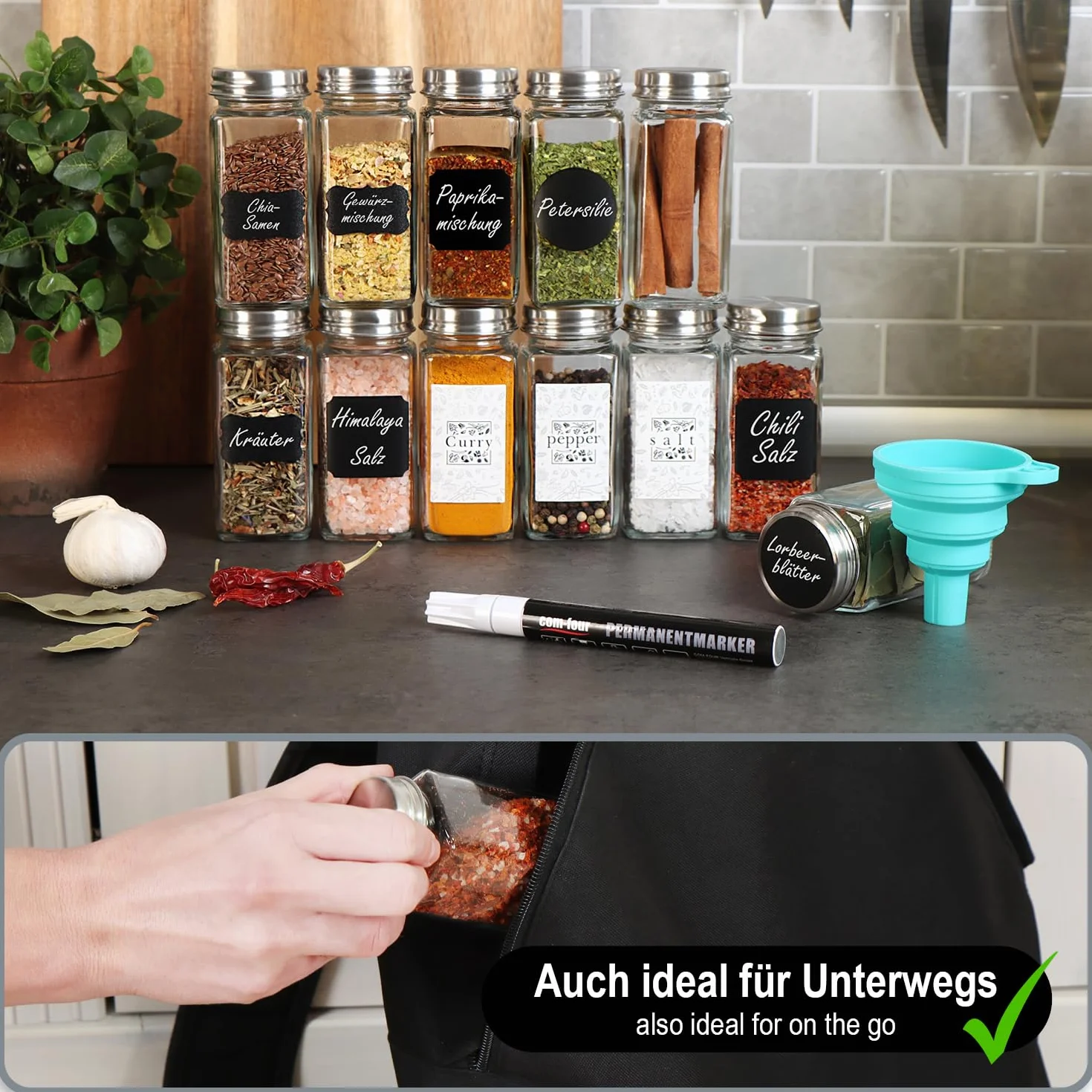 COM-FOUR® 24x sloiczki na przyprawy z akcesoriami - szklana kontrola przypraw 120 ml, nasadki do zraszania, pedzelek, lejek, etykiety, dlugopis (24 sztuki okularów z akcesoriami)