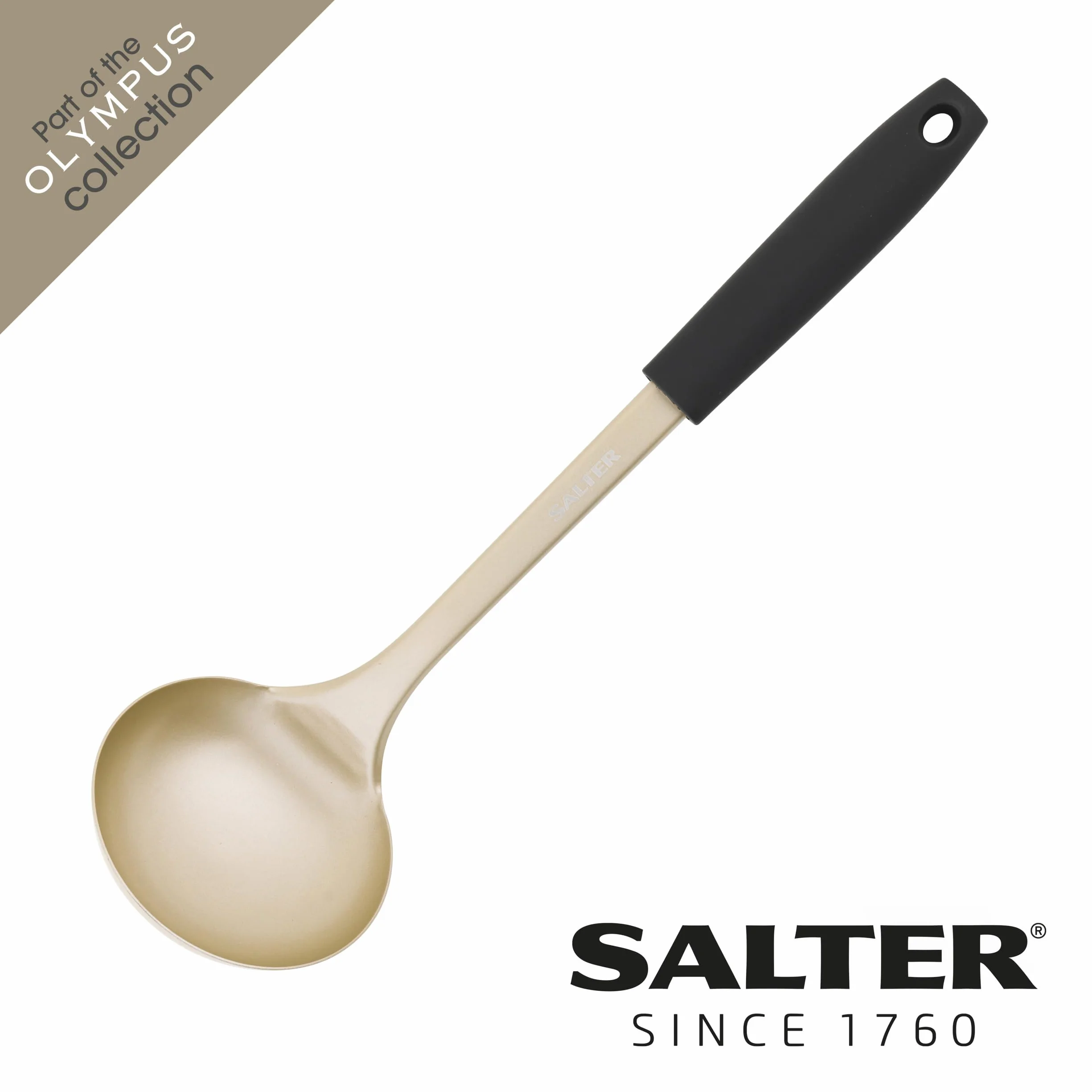 Salter BW11131EU7 Olympus Collection Ladle, Long-Lasting Stainless Steel Soup Spoon Kitchen Utensil, Hanging Hook, Easy-Clean, Metal Multifunctional Cooking Tool For Stews, Sauces, Punchbowls, Gold