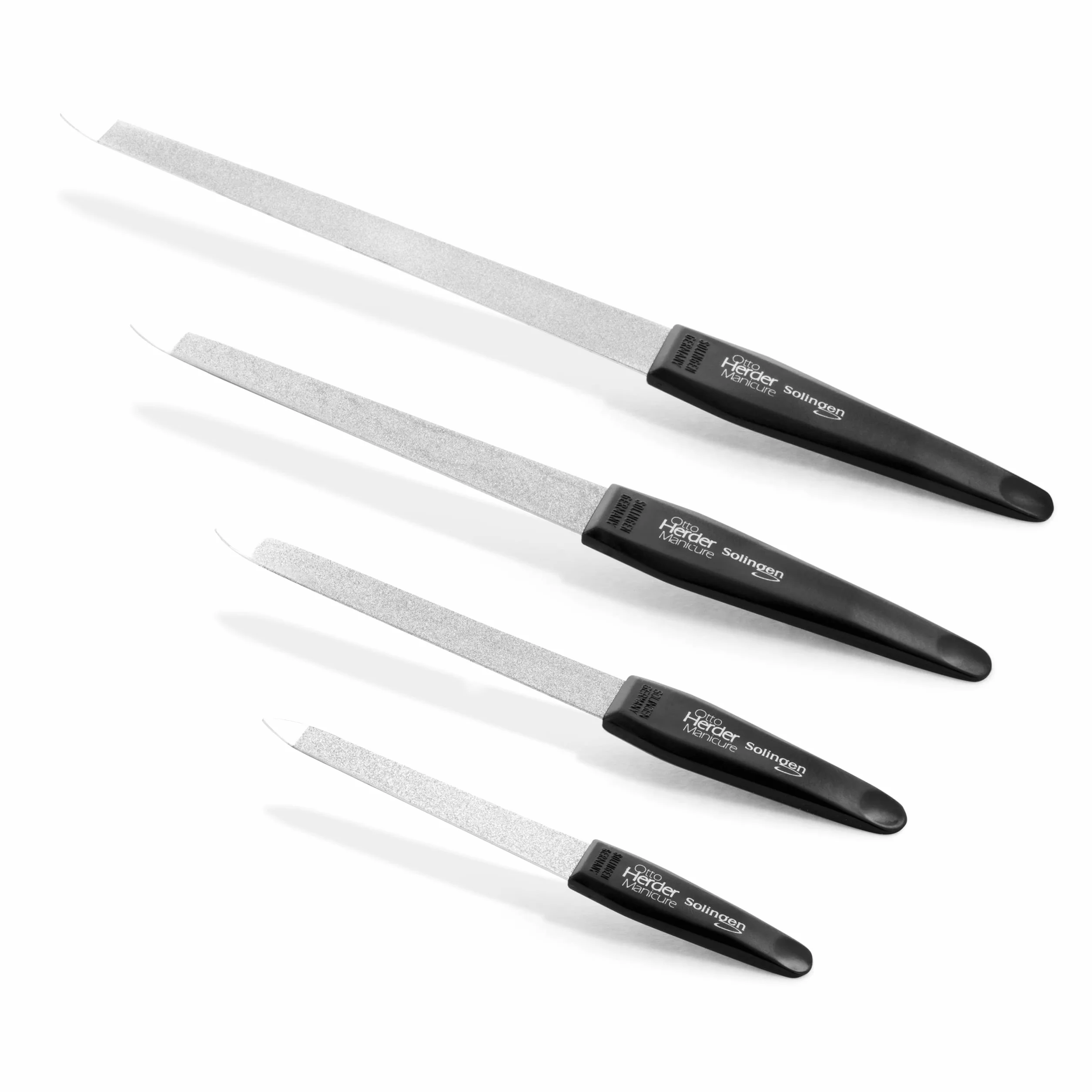 Otto Herder manicure Pilnik do paznokci – 4 sztuki pilnik szafirowy Solingen 3.5"/5"/6"/7" z czarnym uchwytem gruby i drobny liść