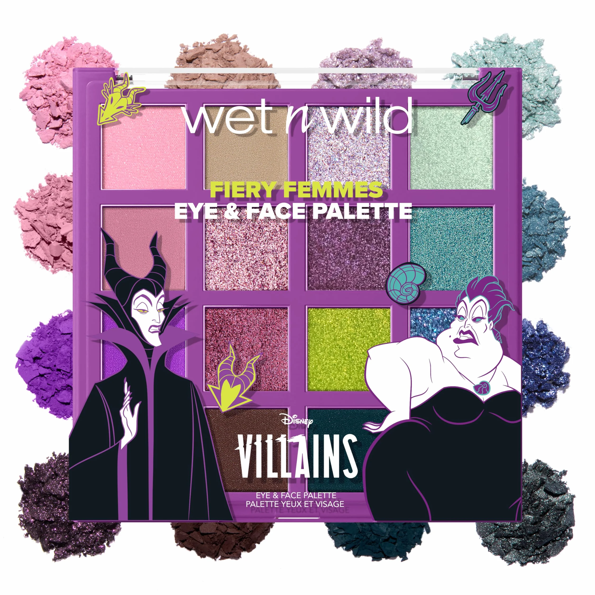 Wet n Wild x Disney Villains Fiery Femmes Eye & Face Palette – Paleta Cieni i Pigmentów 16 Kolorów, Matowe i Brokatowe