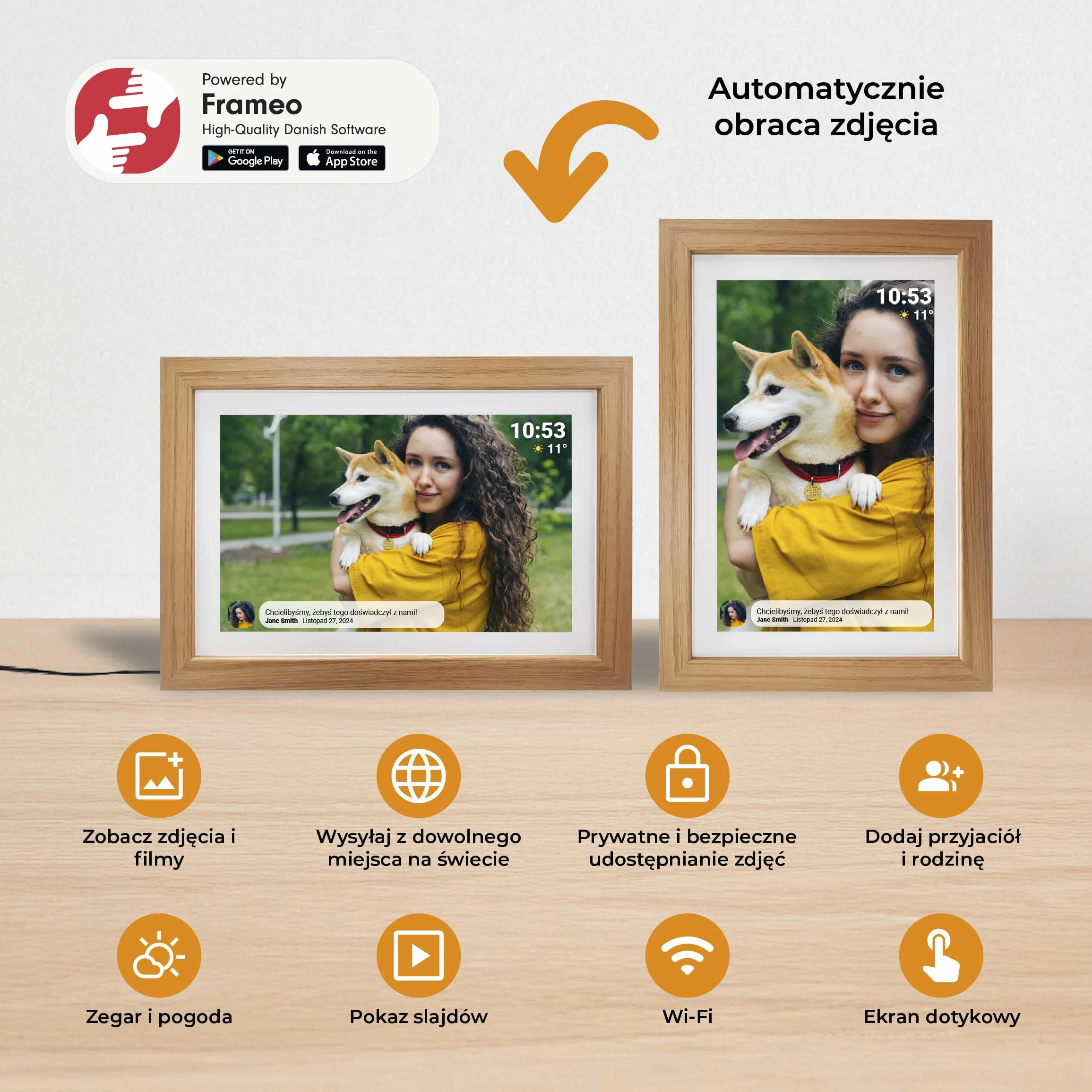 Denver Cyfrowa ramka na zdjęcia 10,1 cala HD - elektroniczna ramka na zdjęcia - ramka na zdjęcia - aplikacja Frameo - ekran dotykowy IPS - 16 GB - PFF1042LW - drewno