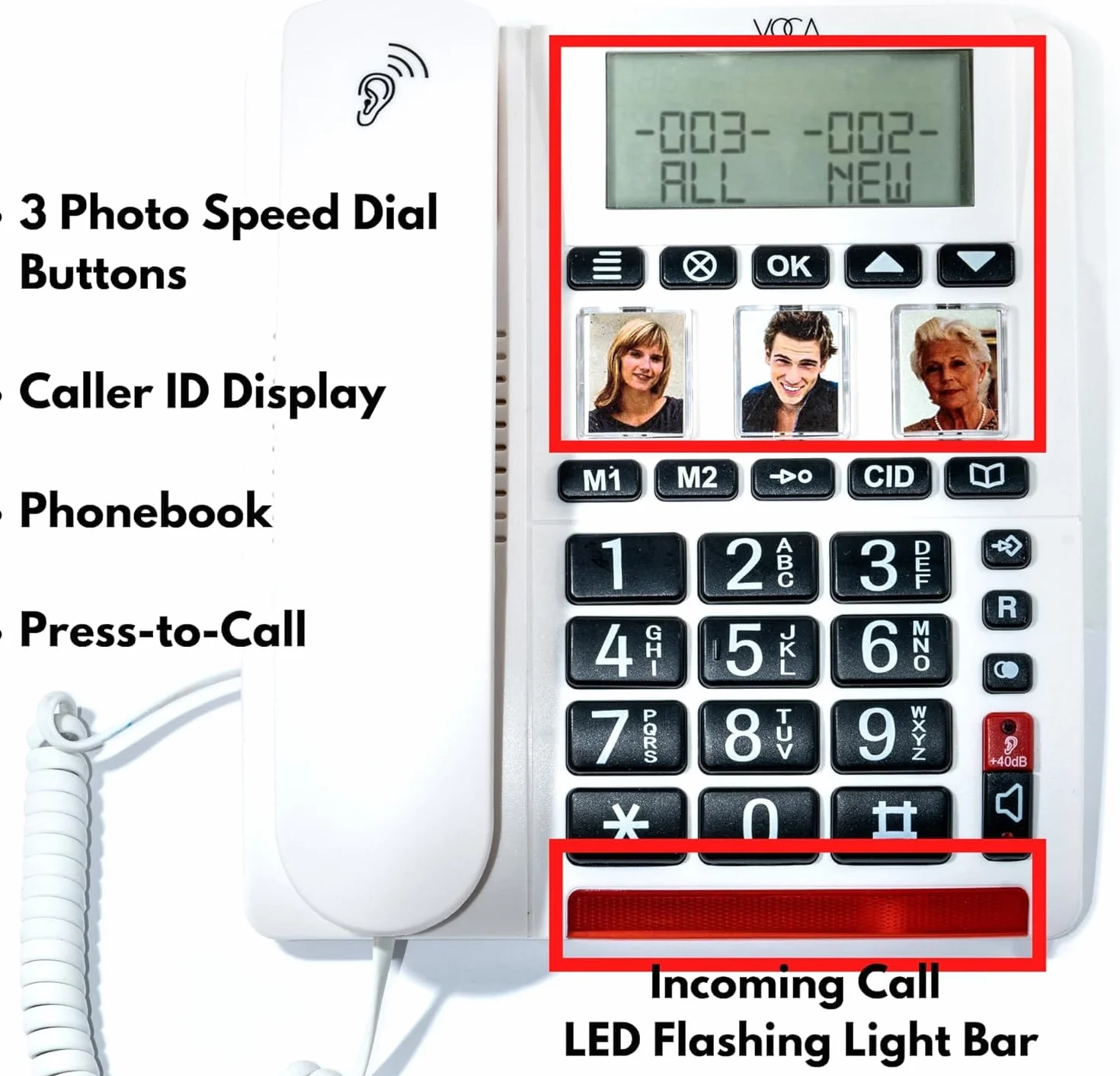 VOCA Big Buttontelefon dla osób starszych, wzmocniony CP130, zestaw głośnomówiący, kompatybilny z aparatami słuchowymi, głośny telefon dla niedosłuchowych i niedowidzących