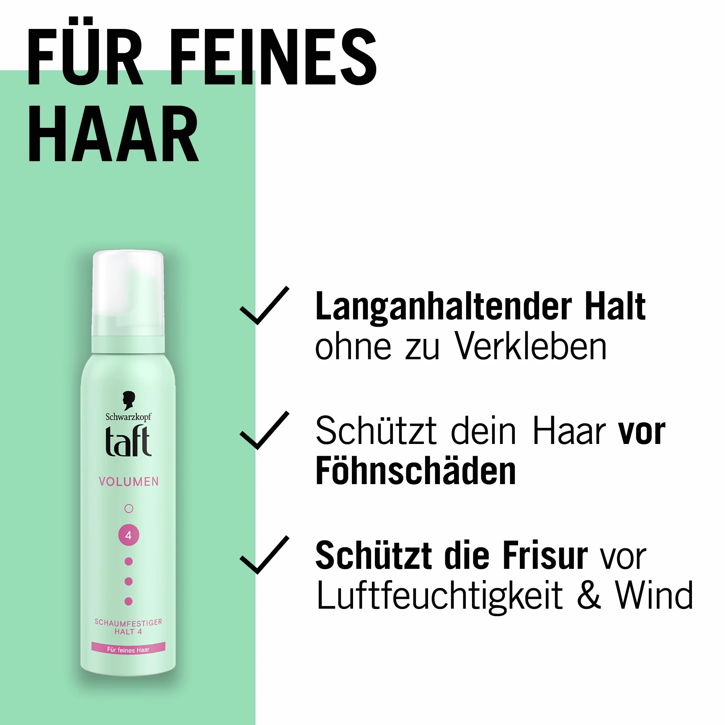 Schwarzkopf Taft Foam Volume (150 ml), stopień trwałości 4, pianka do włosów cienkich, pianka do włosów o dużej objętości, zapobiega uszkodzeniom suszarki bez klejenia, wegańska formuła