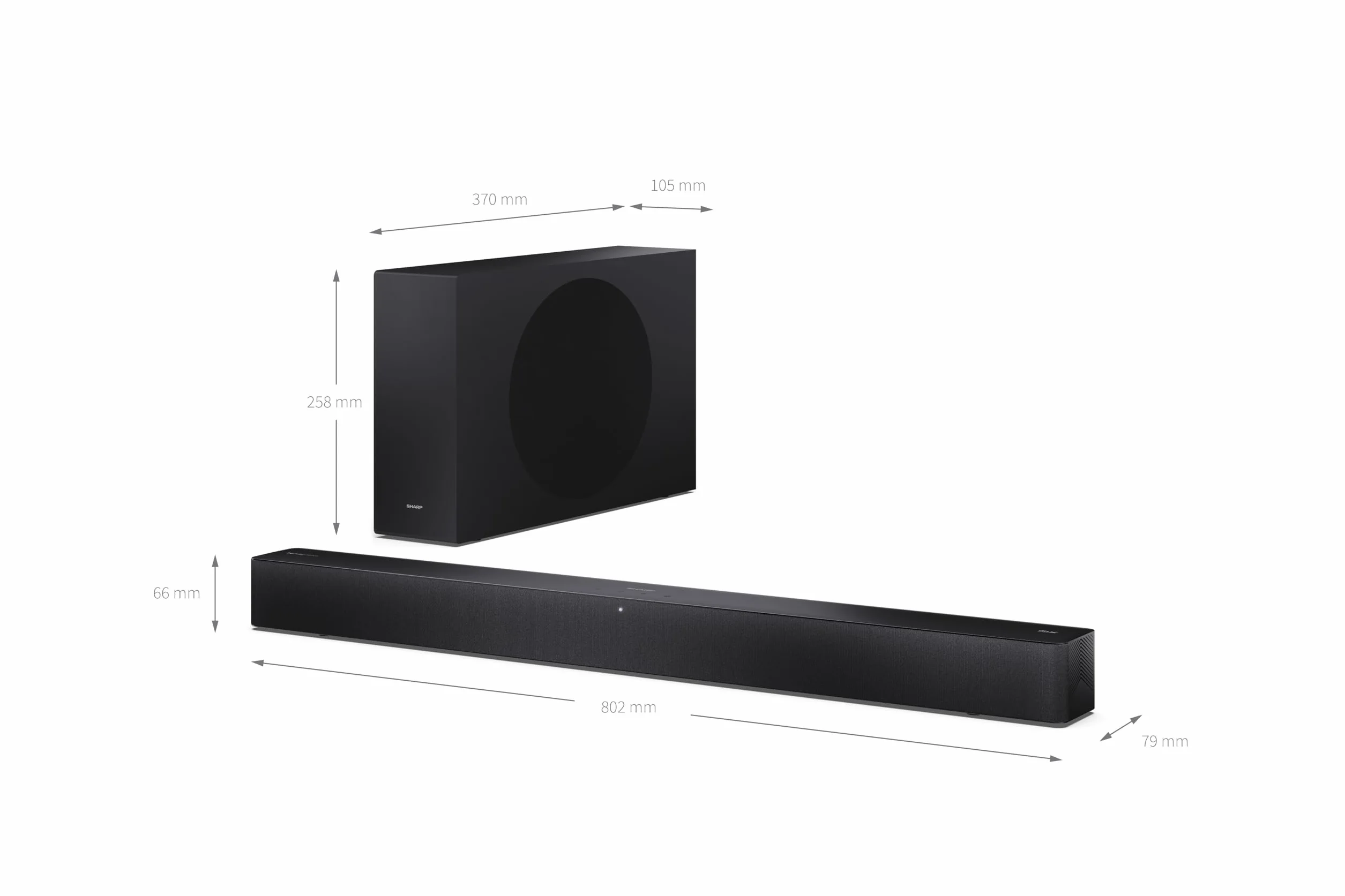 SHARP HT-SBW310 2.1-kanałowy ultracienki bezprzewodowy subwoofer, ROKU Ready, maks. moc 330 W – Dolby Atmos, DTS Virtual:X, HDMI eARC, Bluetooth 5.3, odtwarzanie przez USB, montaż na ścianie – czarny