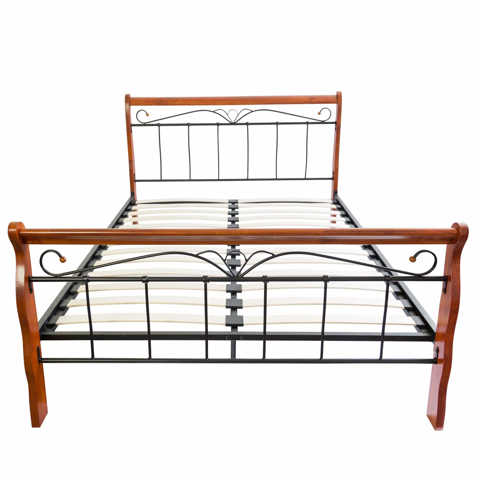 Homestyle4u metalowe łóżko 140 x 200 cm ze stelażem listewkowym, rama metalowa, słupki drewniane brązowe