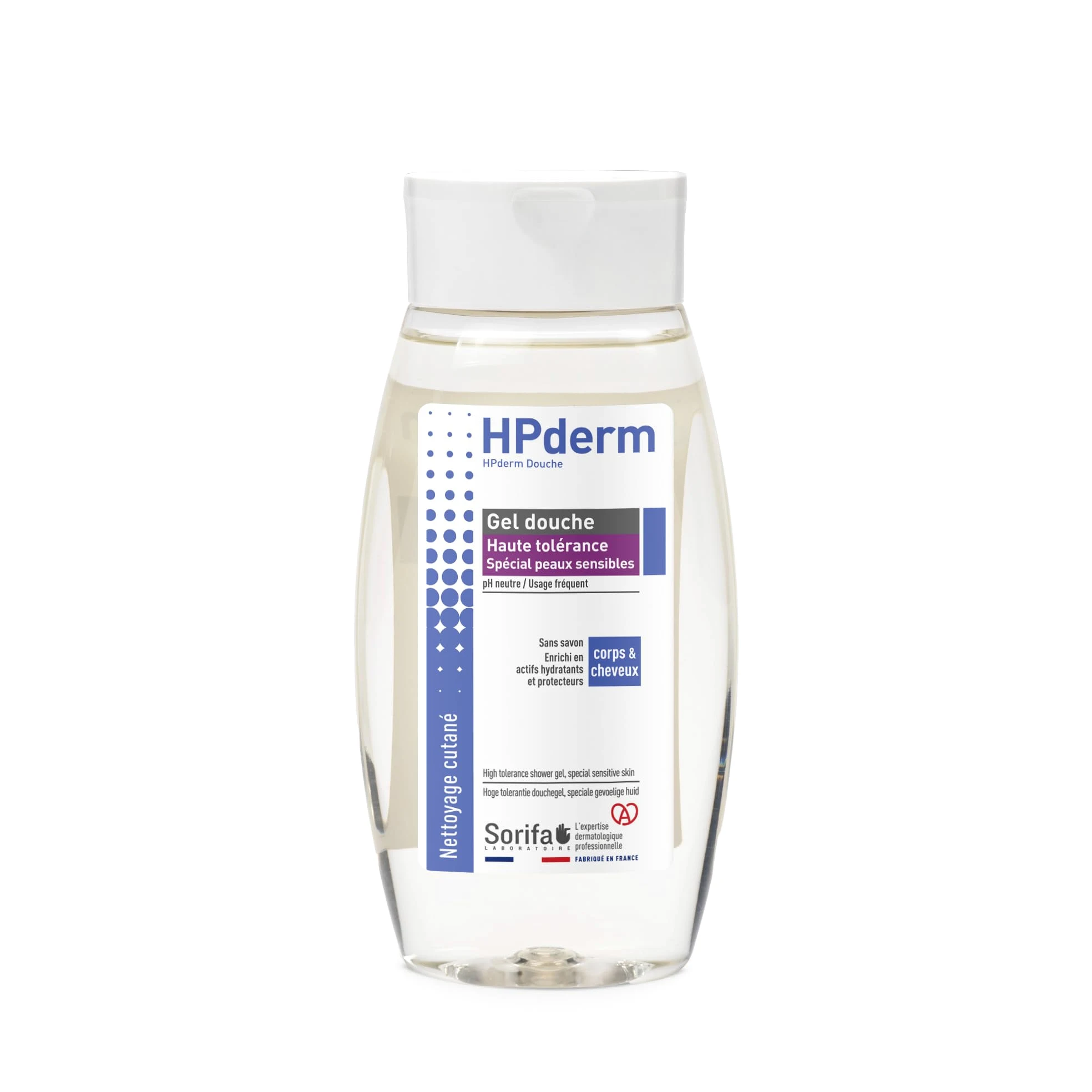 HPderm WYSOKA TOLERANCE Żel pod prysznic 2 w 1 do ciała i włosów - Specjalny dla skóry wrażliwej, skóry tatuażu, osłabione włosy - Częste używanie - pH neutralne, bez mydła - Butelka 250 ml