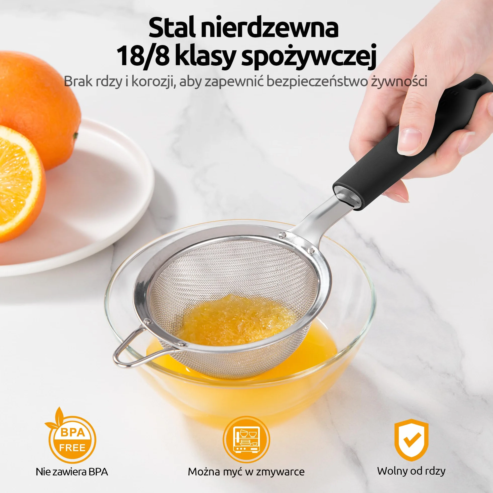 U-Taste Sitko o drobnych oczkach: Małe sitko kuchenne ze stali nierdzewnej 18/8 z nitowanym, wytrzymałym silikonowym uchwytem do przesiewania mąki, herbaty, ryżu Quinoa (8,5 cm, Czarny)