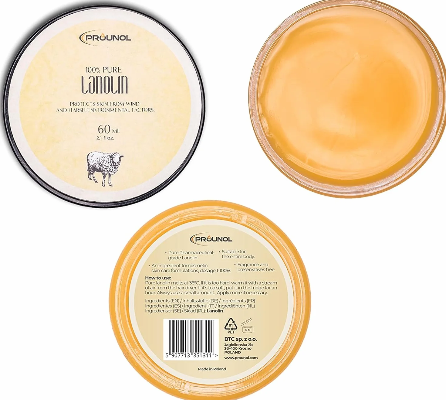 PROUNOL Lanolin Pure (Lanolina Bezwodna) 100% Naturalny Krem do Pielęgnacji Rąk i Stóp, słoik 60ml