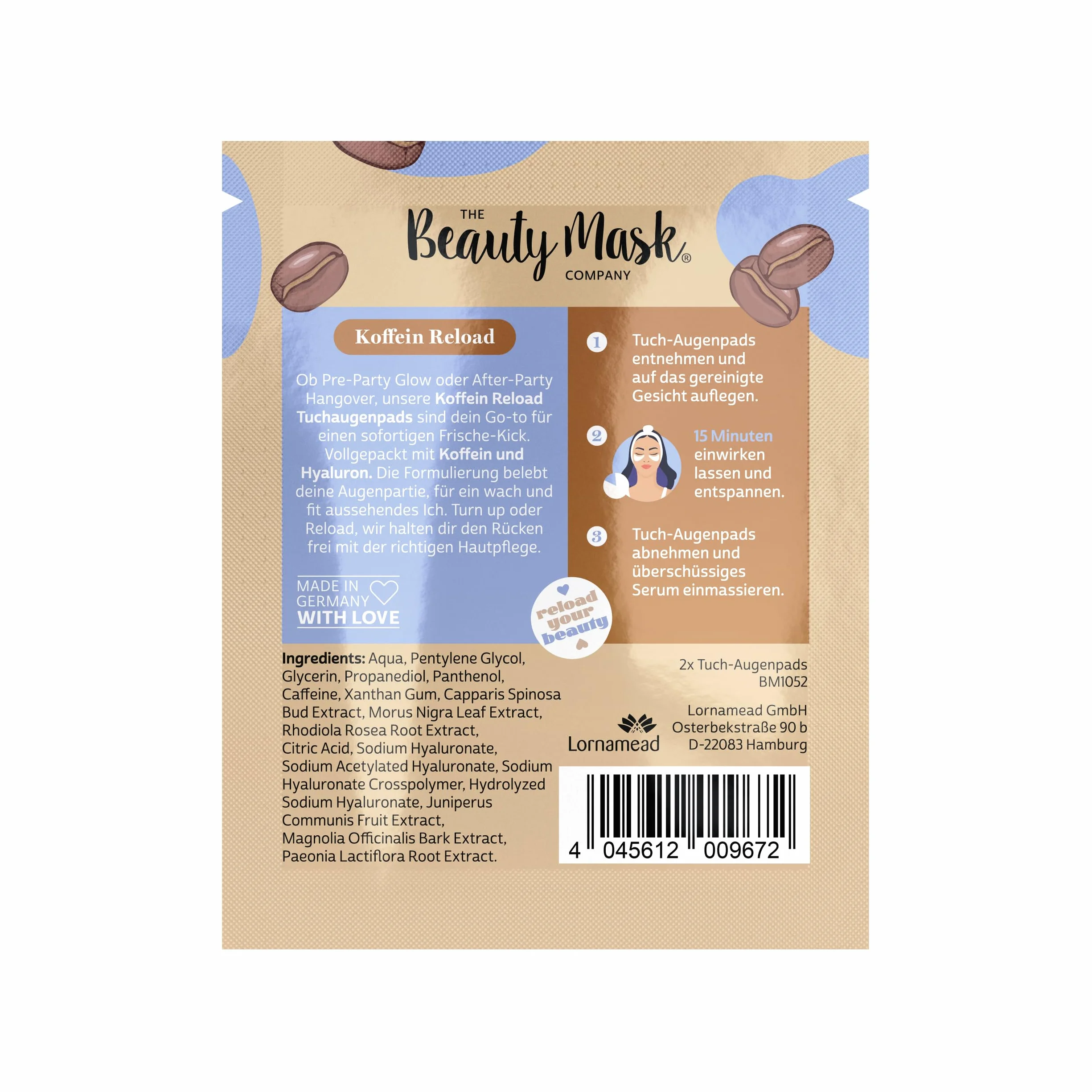 The Beauty Mask Company Chustowe płatki pod oczy | Kofeina Reload | pielęgnacja oczu dla natychmiastowej świeżości | 1 x saszetka z dwoma wkładkami