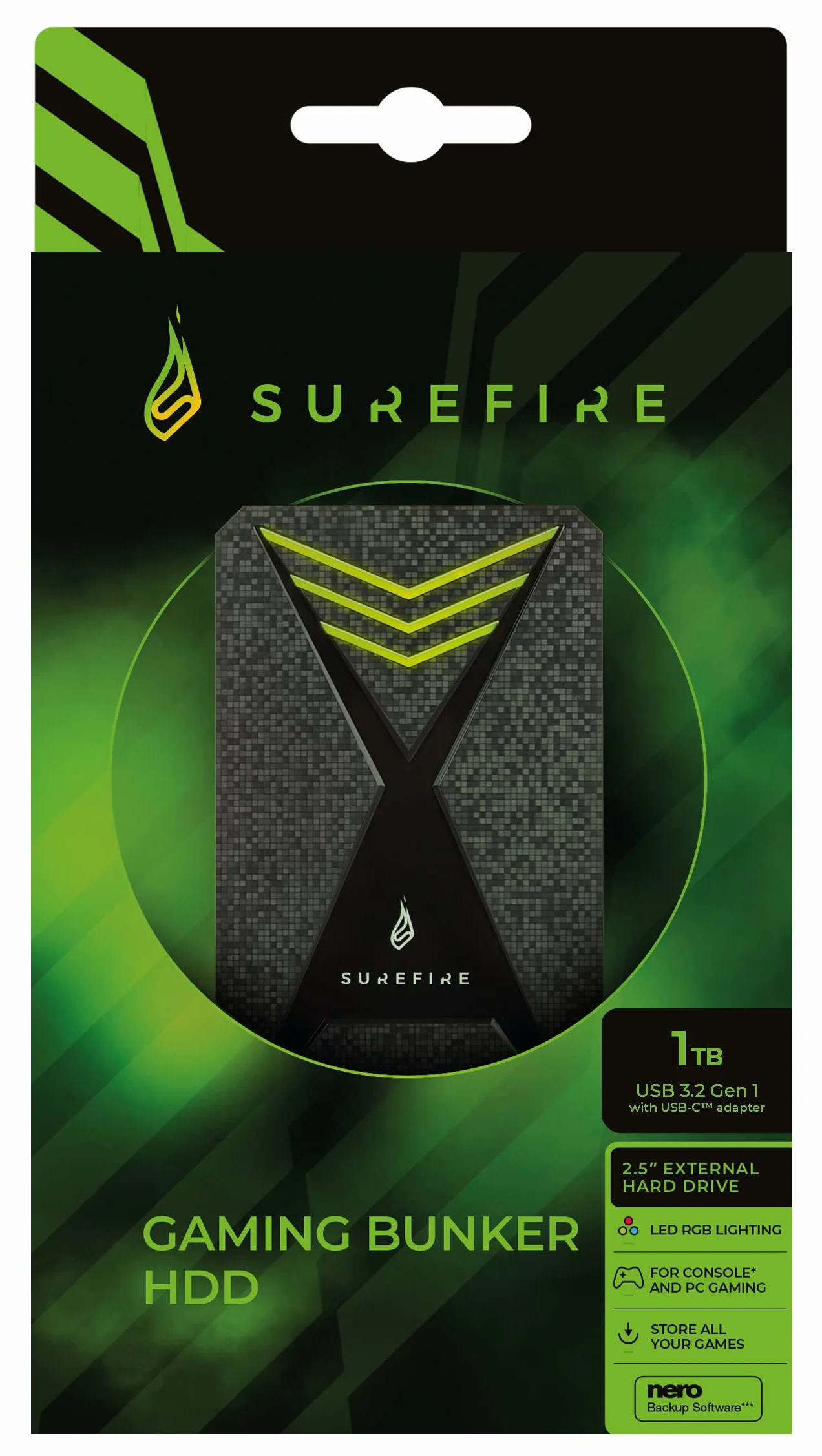 SureFire Gaming Hard Drive 2,5", 1 TB, czarny, zewnętrzny dysk twardy HDD, adapter USB-C, Windows i MacOSx, oświetlenie LED RGB, do 140 MB/s, PC, Playstation i Xbox, Powered by Verbatim