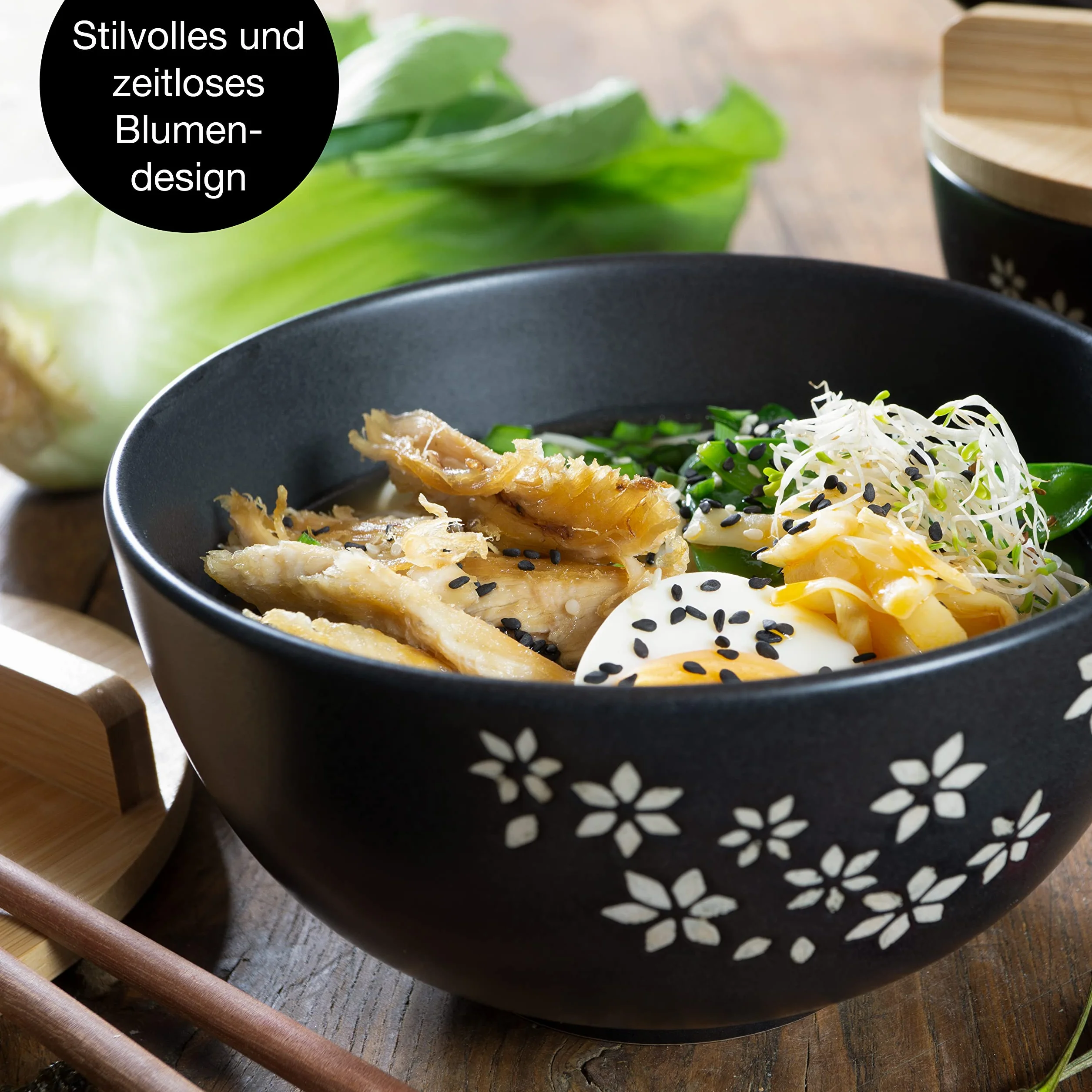 Moritz & Moritz Zestaw 4 ceramicznych misek ramenowych, 600 ml, Ø 15 cm, czarna, dla 4 osób, miska na zupę, Pho i Sushi Bowl, z pałeczkami, pokrywką i łyżką