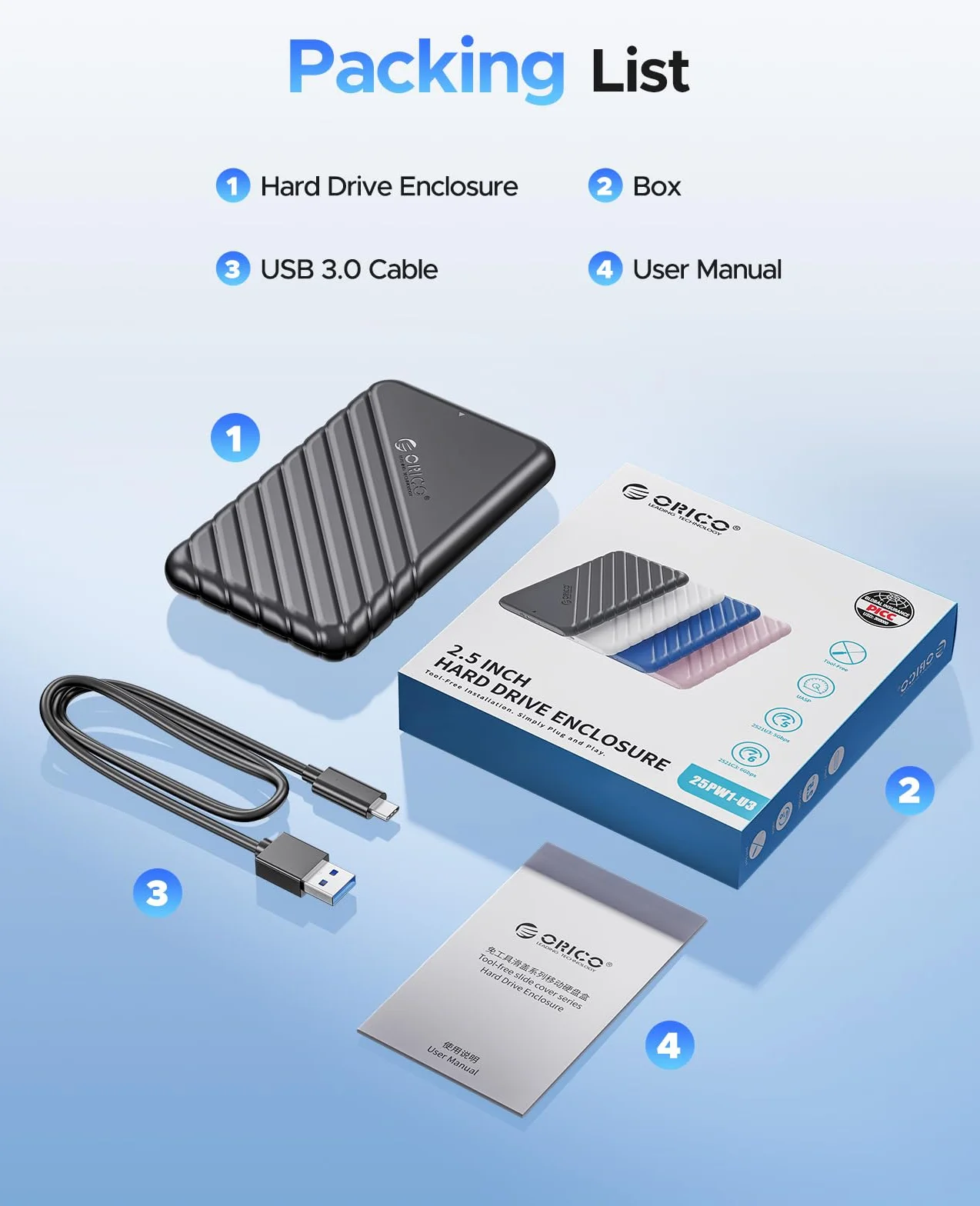 ORICO Obudowa dysku twardego 2,5" USB C USB 3.1 Gen 2 do SATA III, zewnętrzna obudowa dysku twardego do SSD HDD 9,5 7 mm bez użycia narzędzi z UASP, czarna (25PW1-C3)
