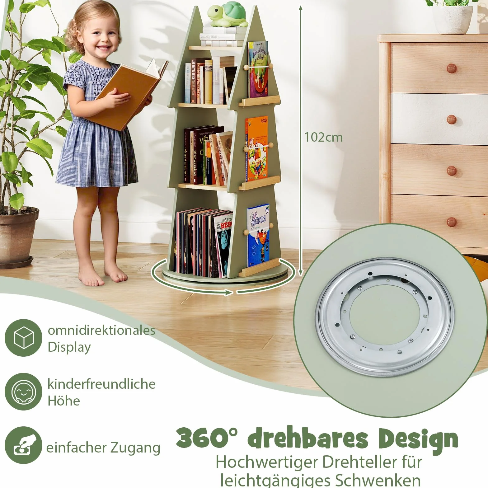 COSTWAY Regał na książki obracany 360° 4 poziomy Ø 48 x 102 cm zielony