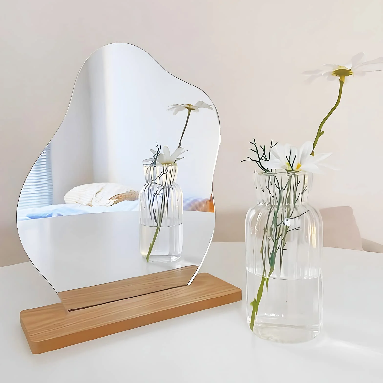 APOMOONS Akrylowe lustro do makijażu, bez ramy, dekoracyjne, nieregularne, małe, z drewnianą podstawą, kosmetyczne lustro do sypialni, salonu, hotelu, pokoju, dekoracja Aesthetic