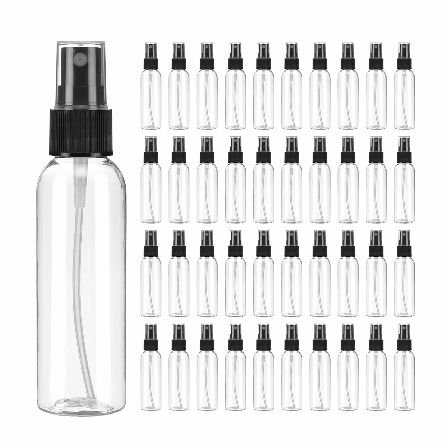 QUARKZMAN 100 sztuk butelek z rozpylaczem, 60 ml, przezroczyste, puste, plastikowe, plastikowe, miniaturowe butelki podróżne, zestaw małych pojemników na płyny, do użytku domowego (przezroczyste