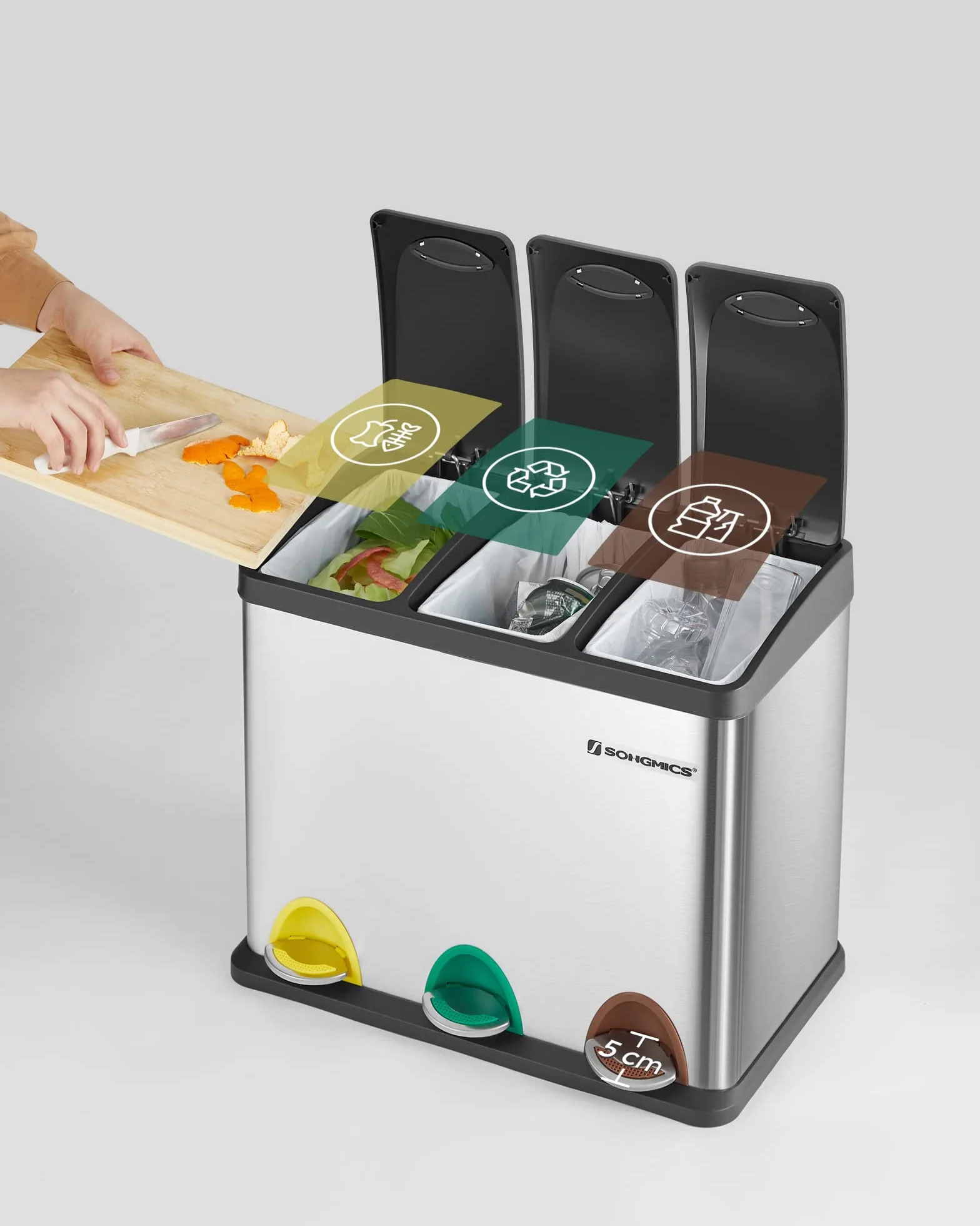 SONGMICS kosz na śmieci kuchenne, 3 x 8 l, kosz na śmieci, potrójny stalowy kosz na śmieci, dla małych rodzin, pedały i wiaderka, łatwy do czyszczenia, srebrny i czarny LTB24L