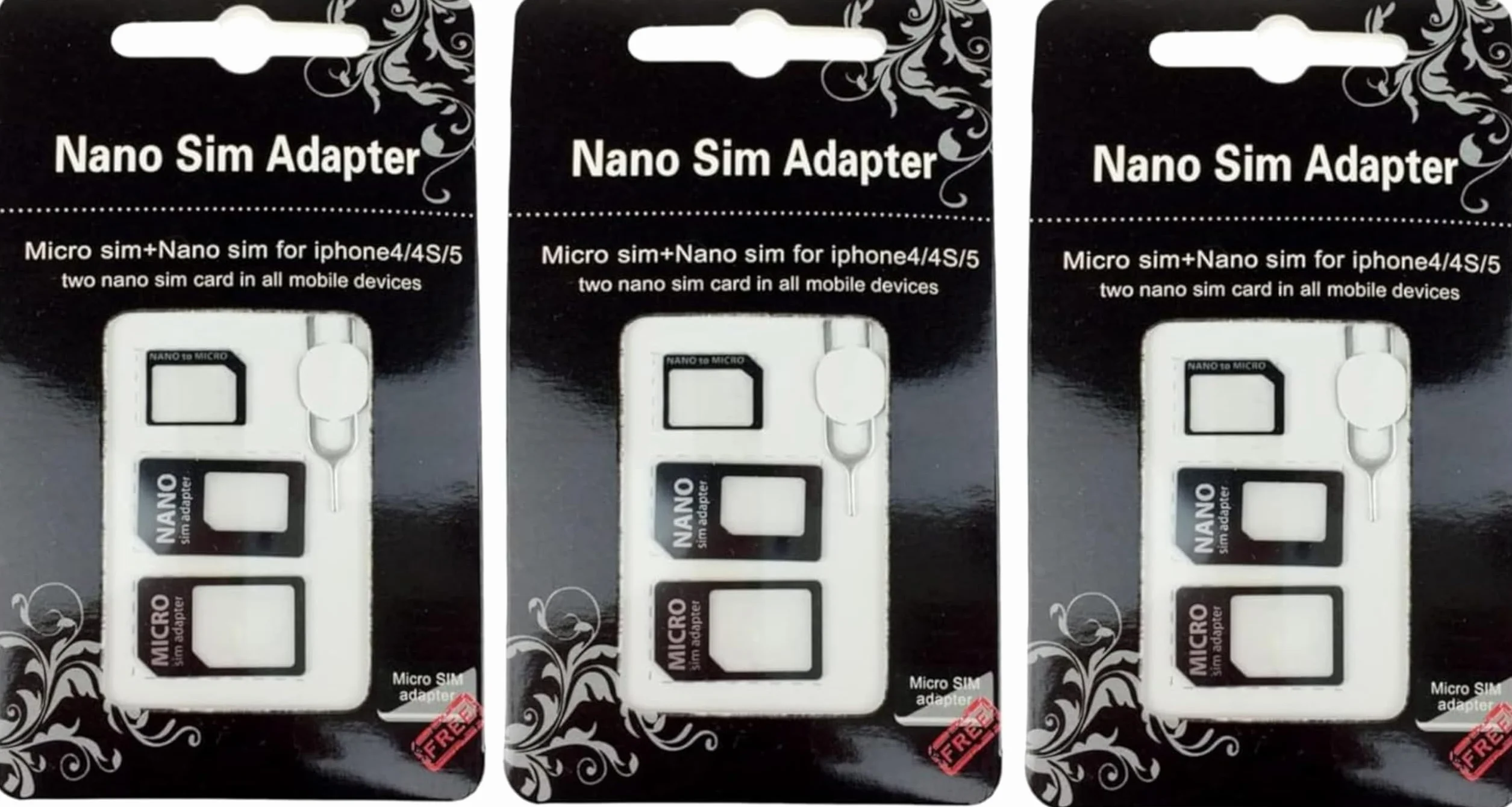 3 Kit Adapter do kart SIM 4 w 1, czarny | Nano SIM do Micro SIM, Nano SIM do SIM, Micro SIM do SIM, klips do wyjmowania | Zestaw do smartfonów Sim Adapter