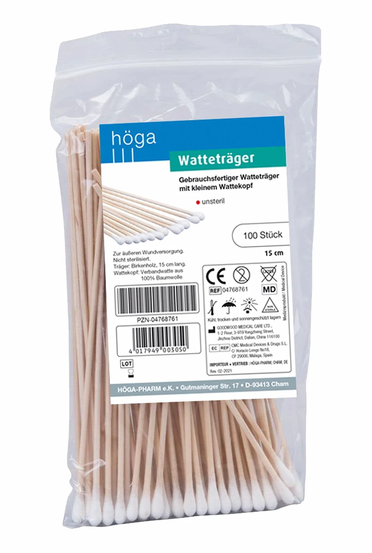 Wattetrager, patyczki higieniczne, 15 cm długości, 100 sztuk, niesterylne.